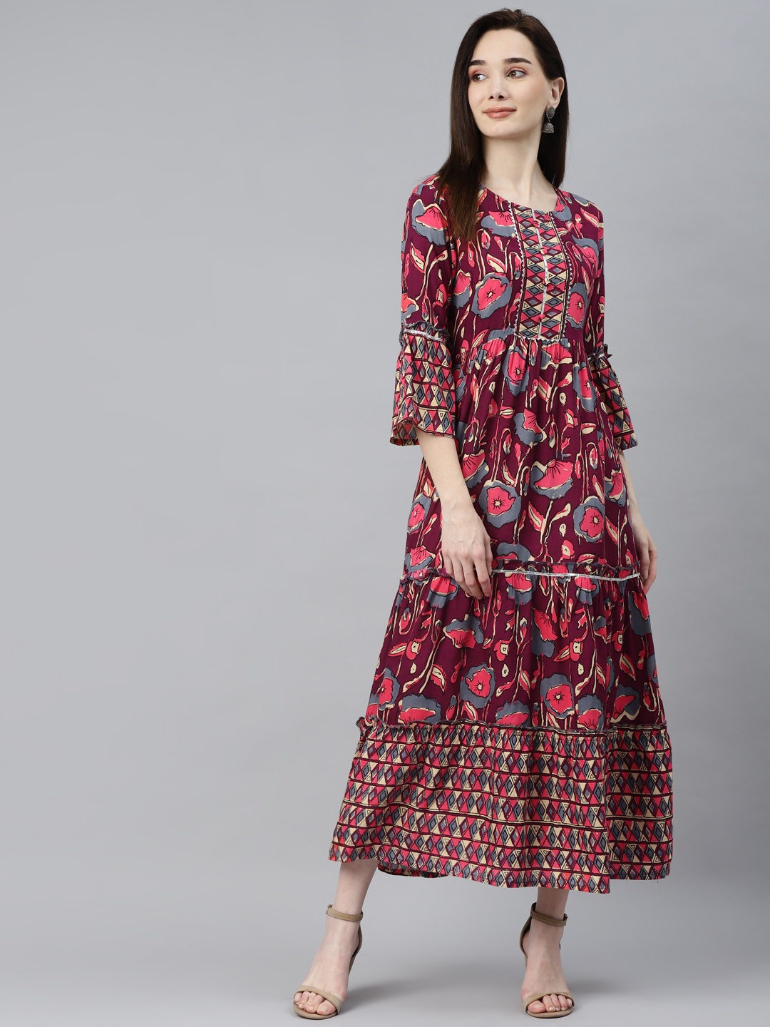 

Indibelle Burgundy Floral Bell Sleeves A-Line Maxi Dress