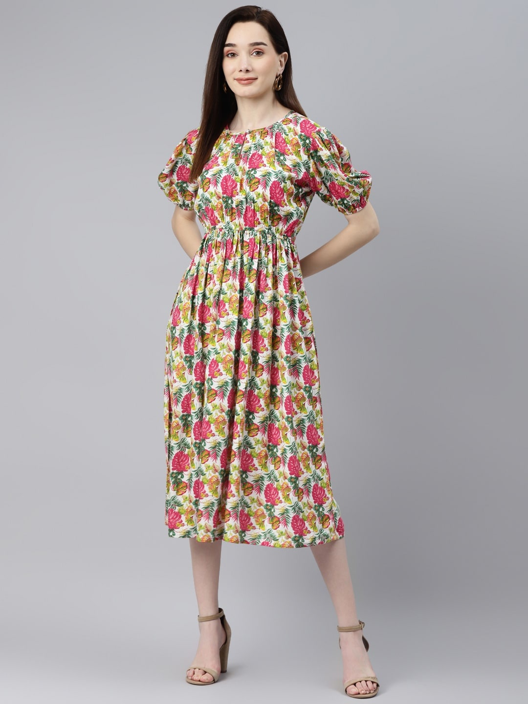 

Indibelle White & Pink Tropical Printed Puff Sleeves Midi Dress