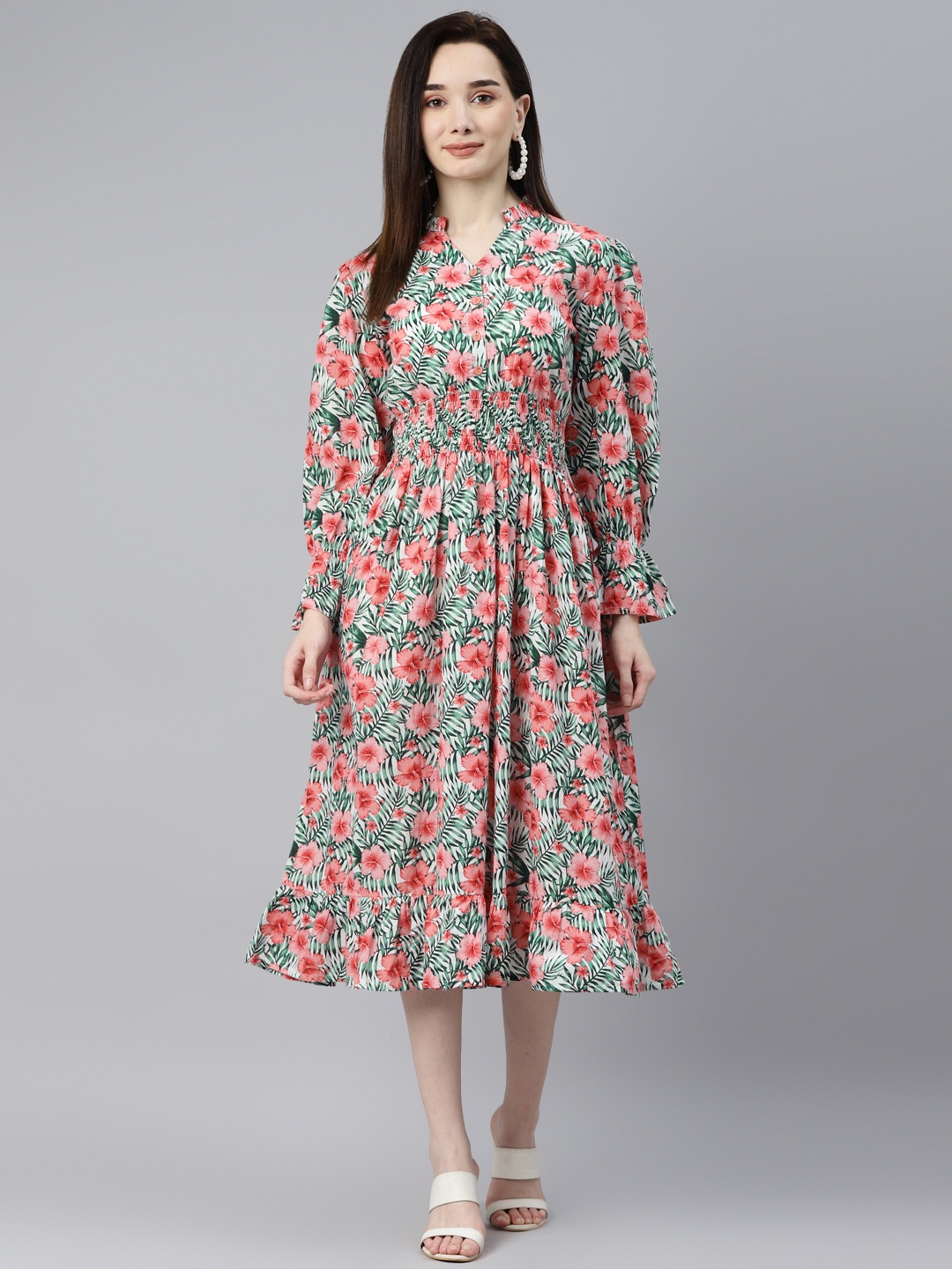 

Indibelle White & Pink Tropical Bell Sleeves A-Line Maxi Dress