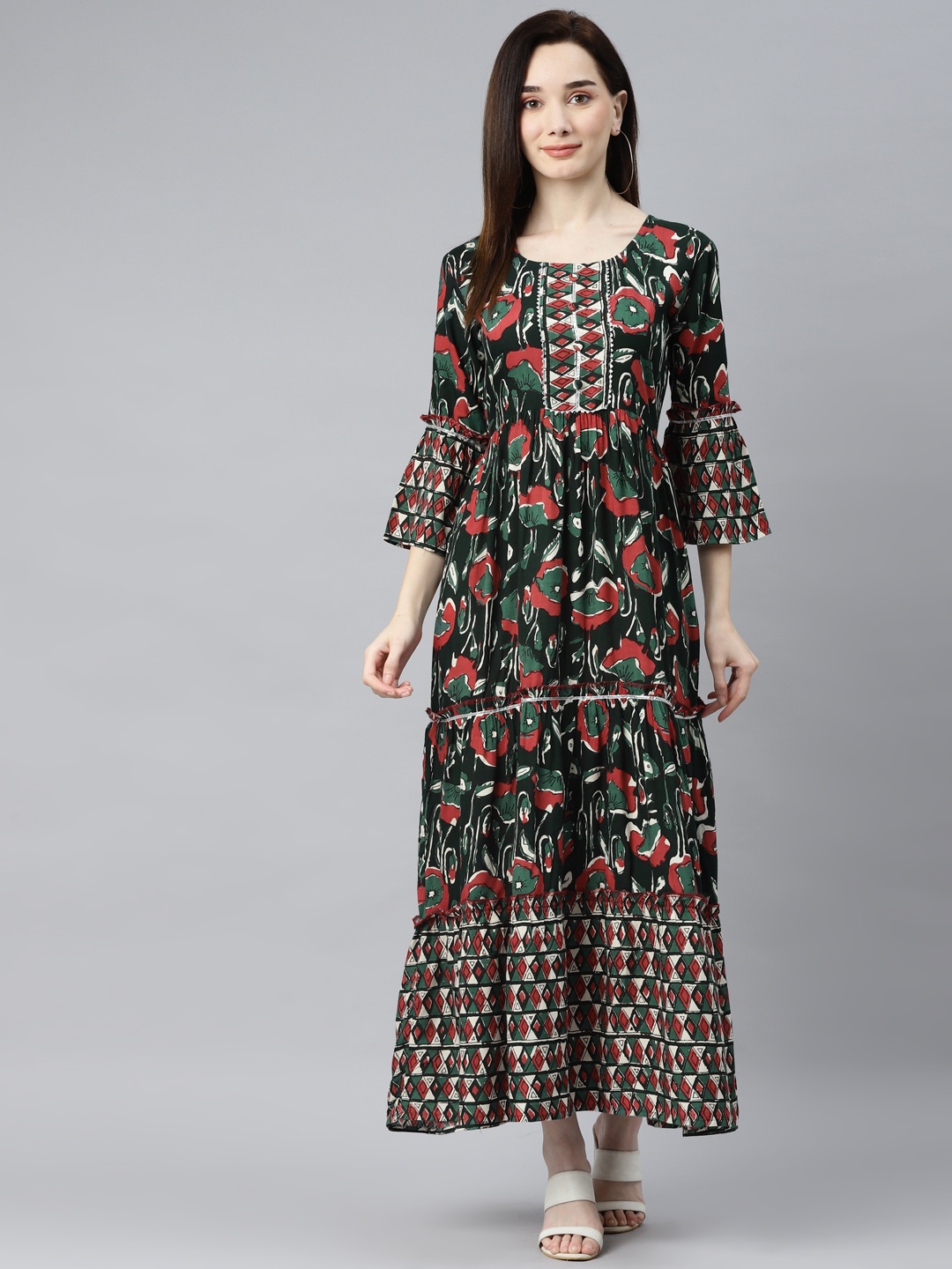 

Indibelle Green & Pink Floral Bell Sleeves Maxi Dress