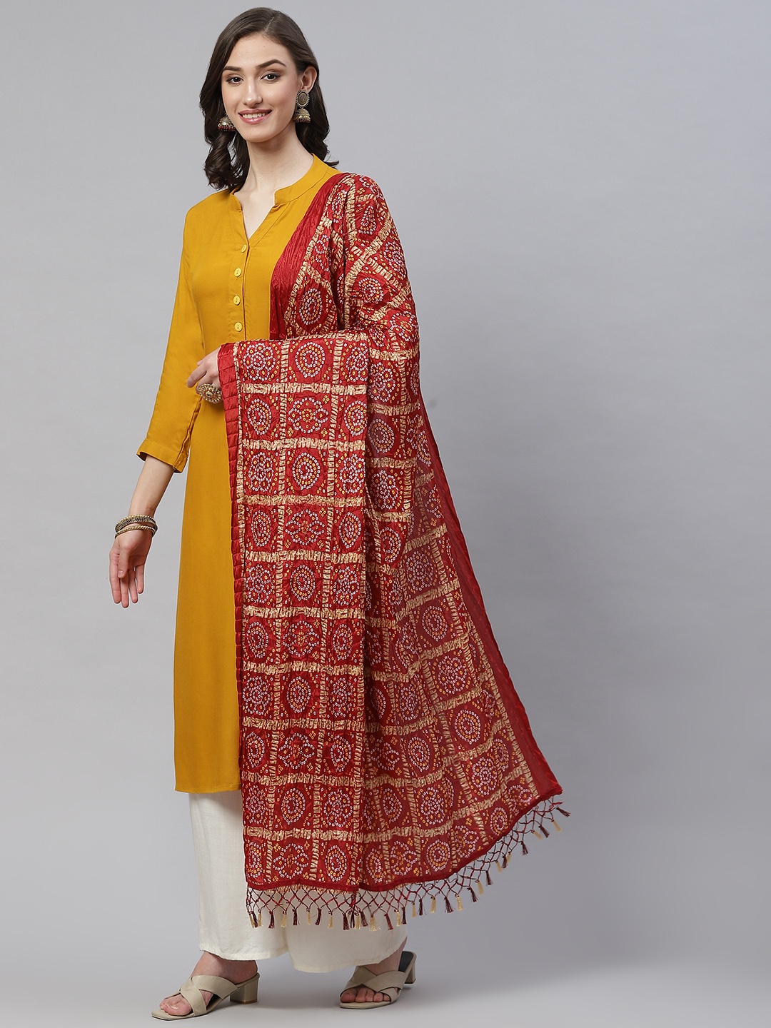 

WEAVERS VILLA Maroon & Beige Printed Cotton Silk Dupatta