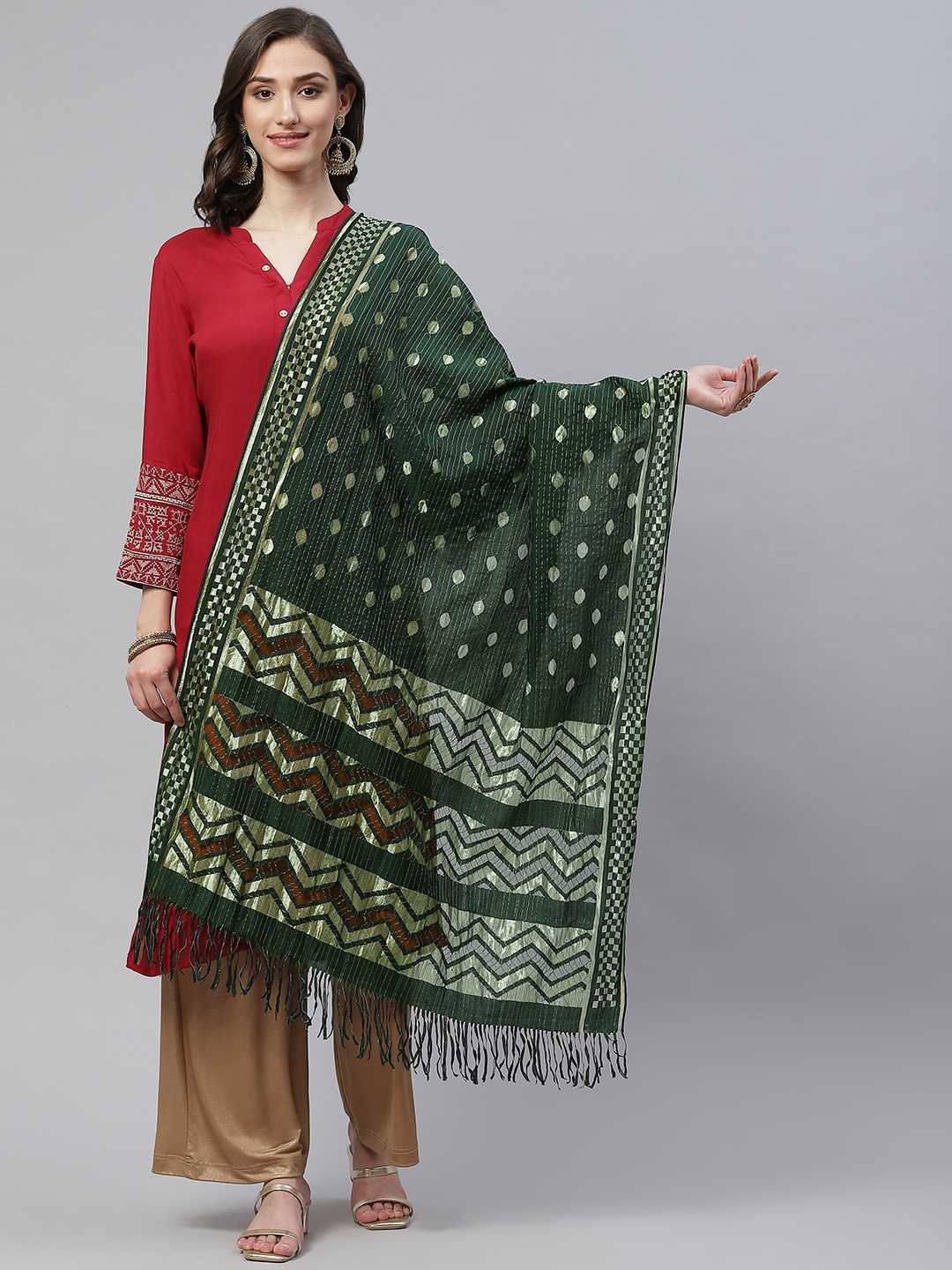 

WEAVERS VILLA Green & Golden Ethnic Motifs Woven Design Cotton Silk Dupatta