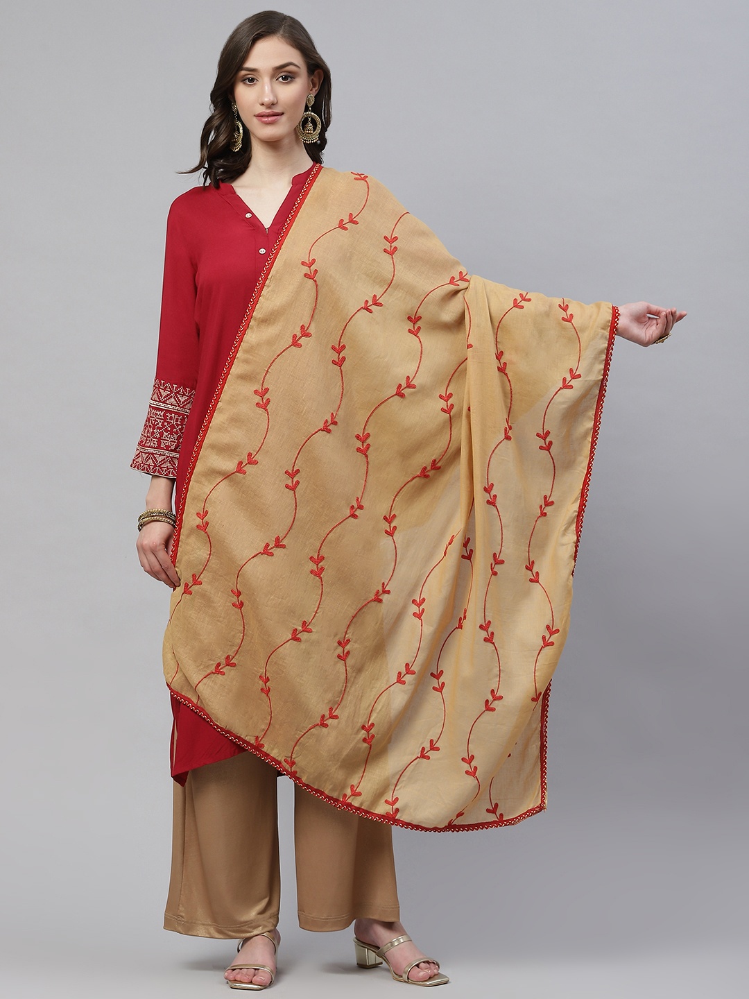 

WEAVERS VILLA Beige & Red Embroidered Dupatta