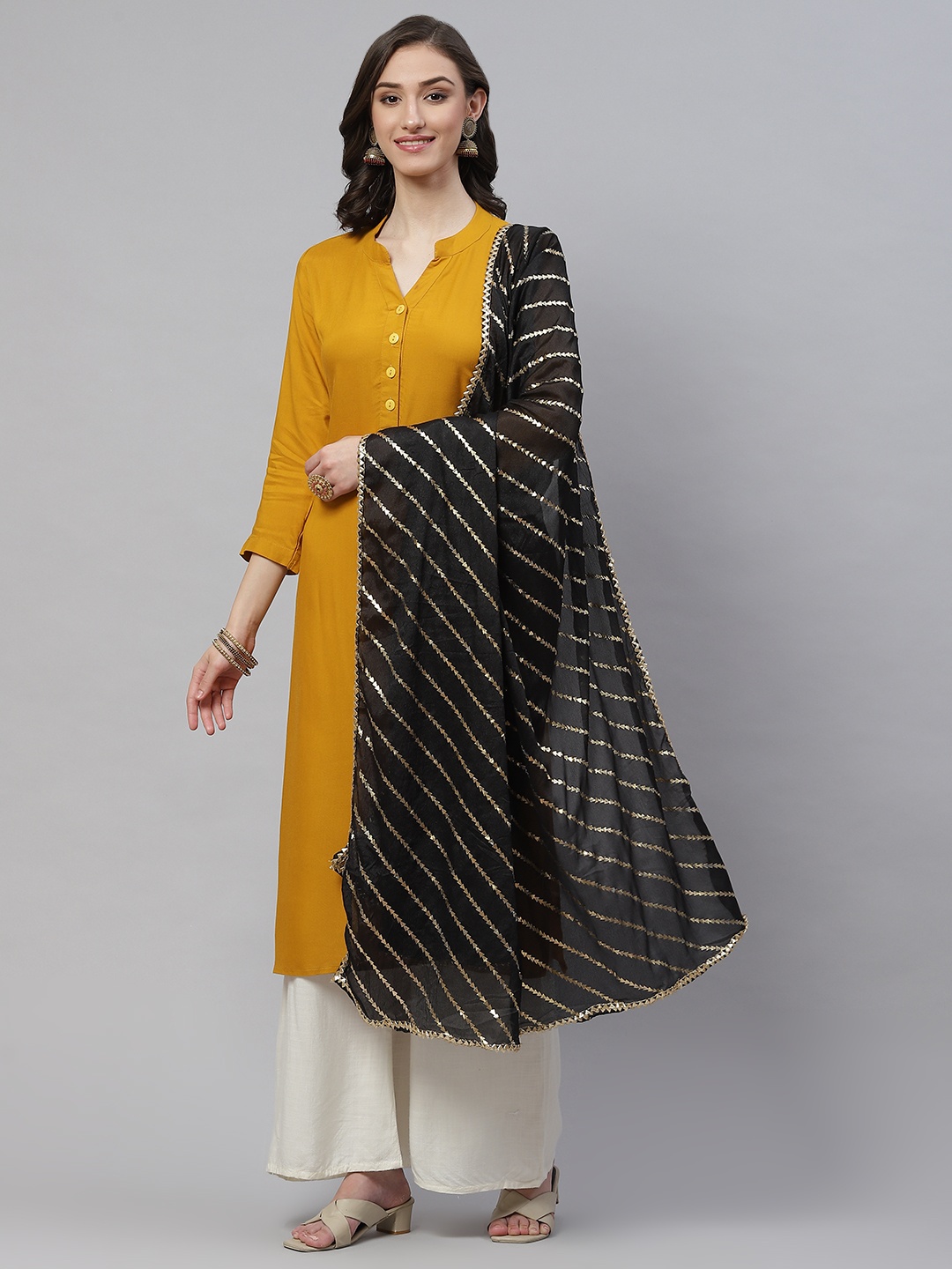 

WEAVERS VILLA Black & Golden Striped Cotton Silk Dupatta