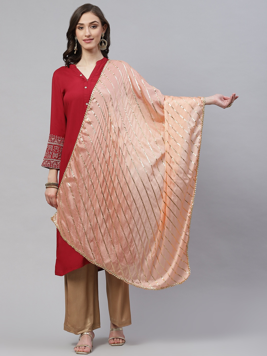 

WEAVERS VILLA Peach-Coloured & Golden Striped Cotton Silk Dupatta