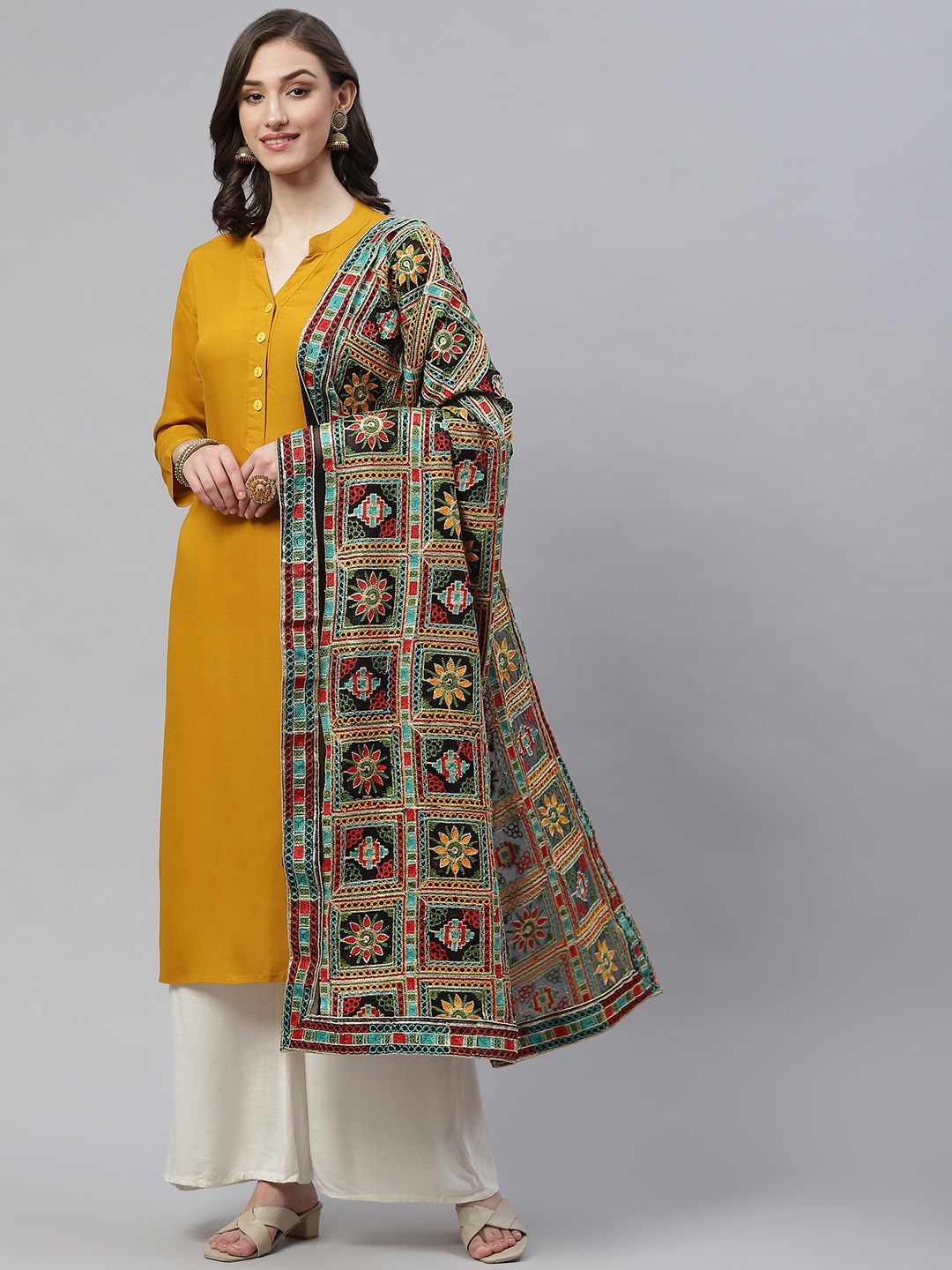

WEAVERS VILLA Black & Mustard Ethnic Motifs Embroidered Cotton Silk Dupatta