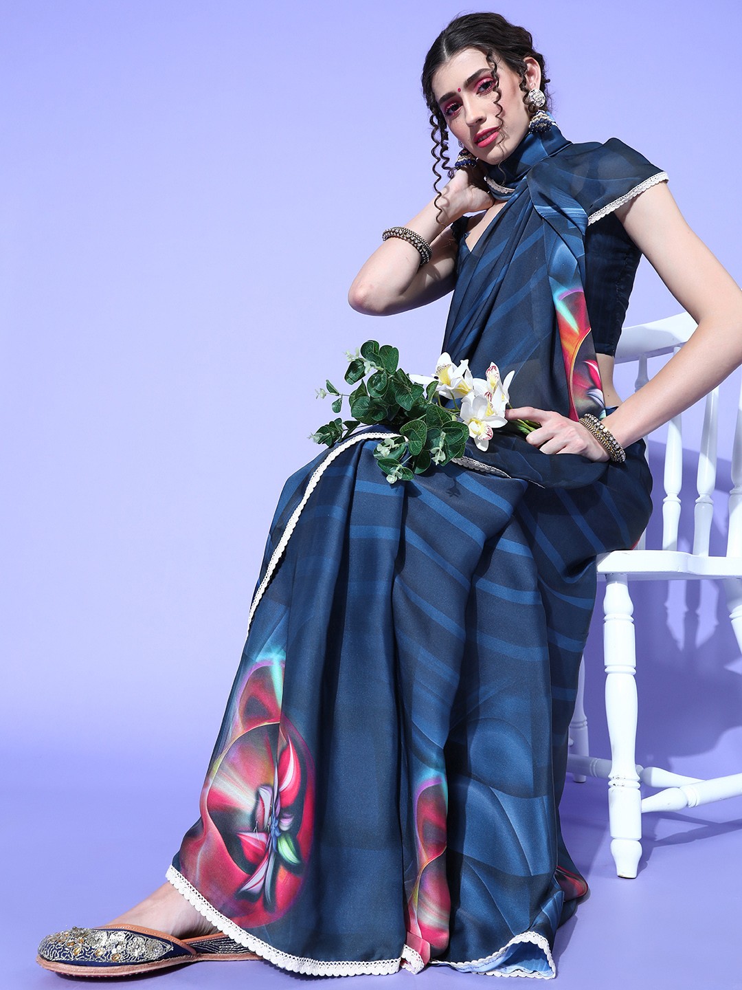 

Saree mall Abstract Satin Saree with Embellished Border, Navy blue