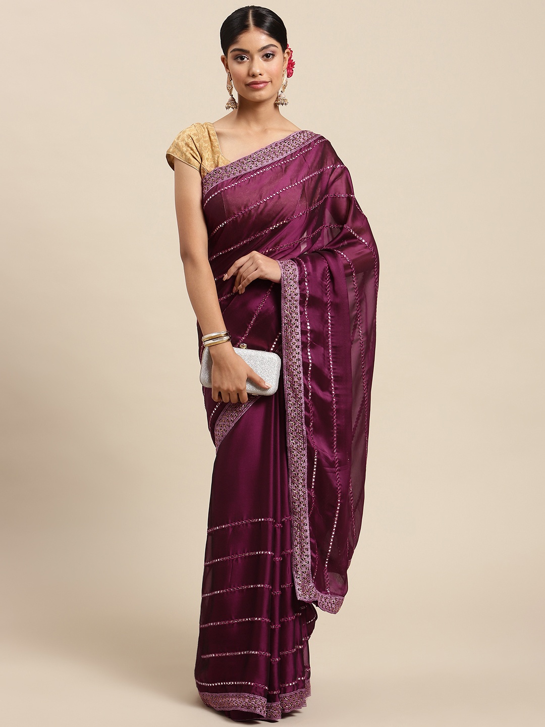 

Mitera Burgundy Striped Embroidered Mirror Work Saree