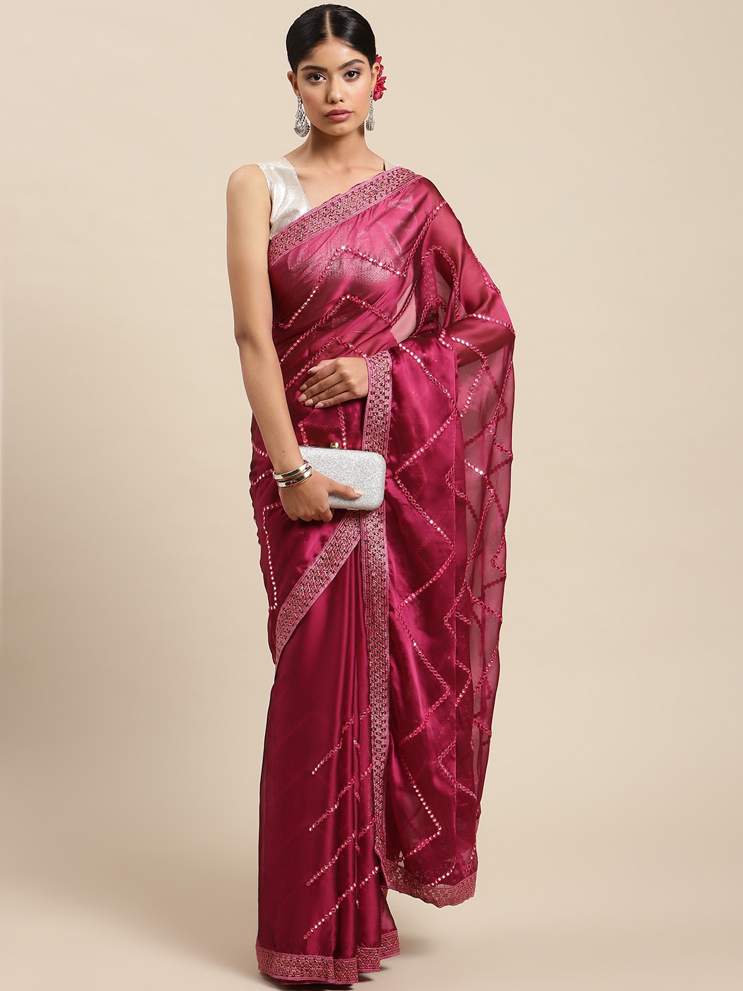 

Mitera Pink Chevron Embroidered Mirror Work Saree