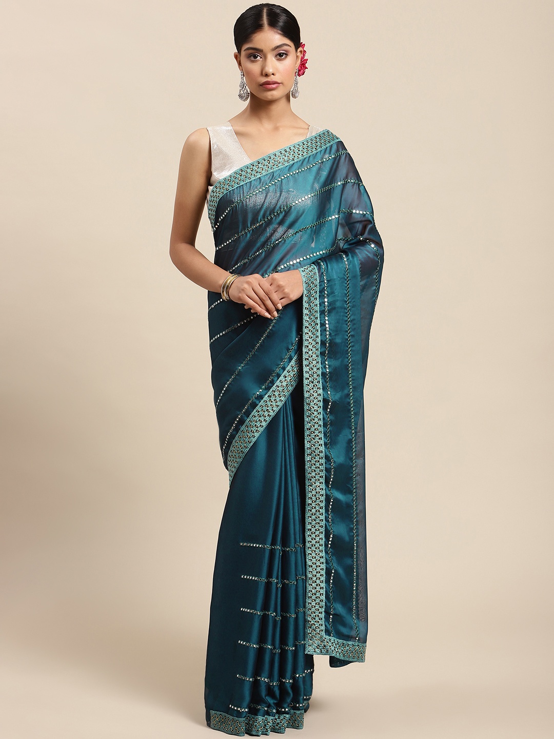 

Mitera Teal Blue Striped Embroidered Mirror Work Saree