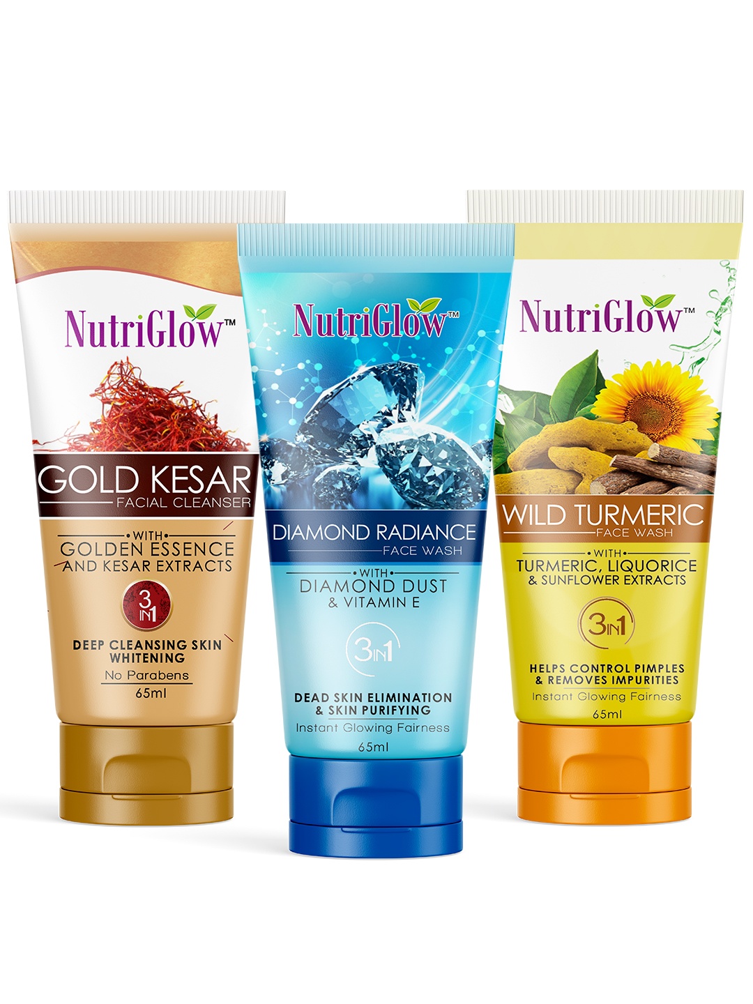 

NutriGlow Set Of 3 Wild Turmeric, Gold Kesar, Diamond Radiance Face Wash - 65 ml Each, Multi