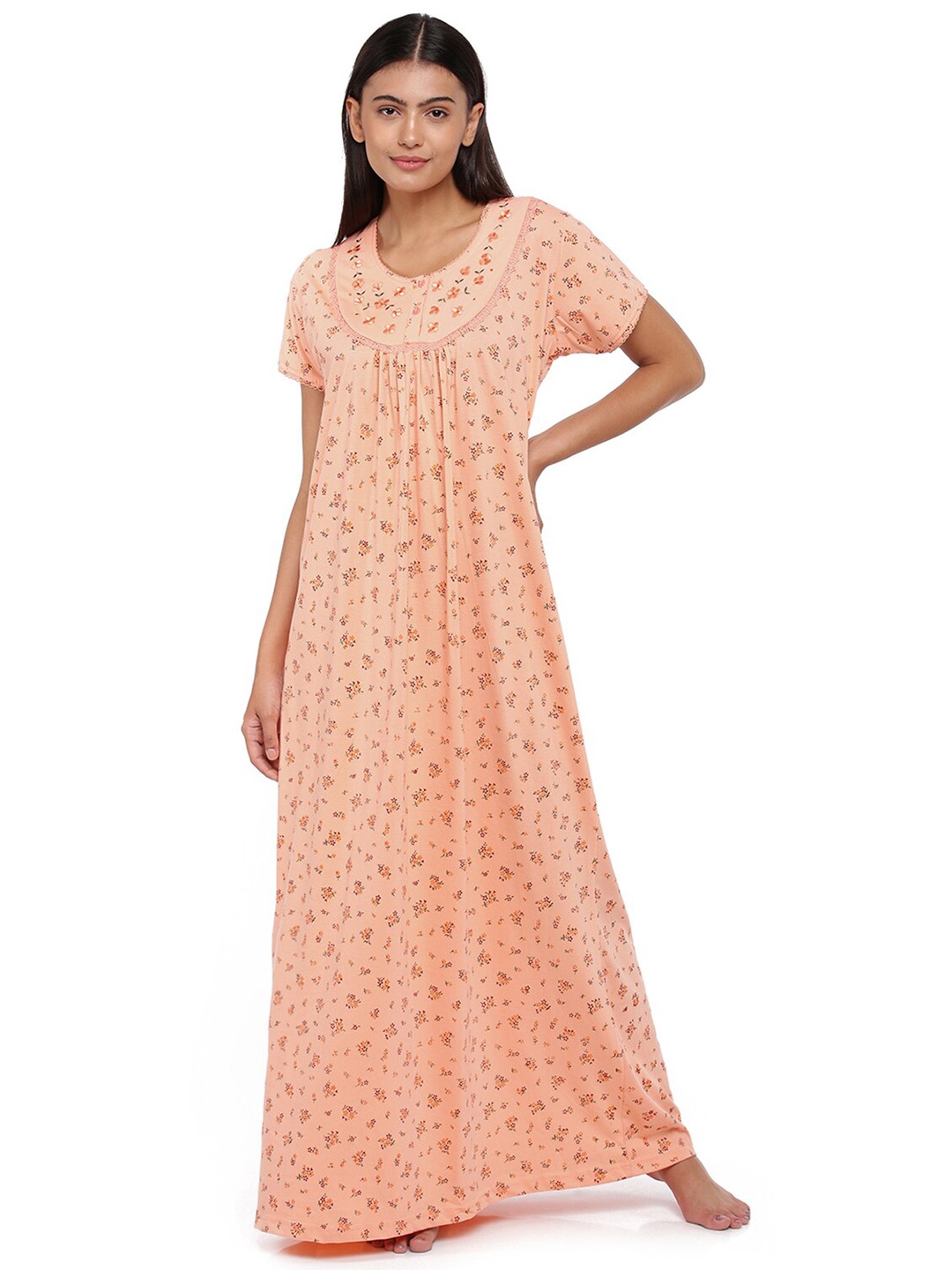 

9shines Label Peach-Coloured Printed Maxi Nightdress