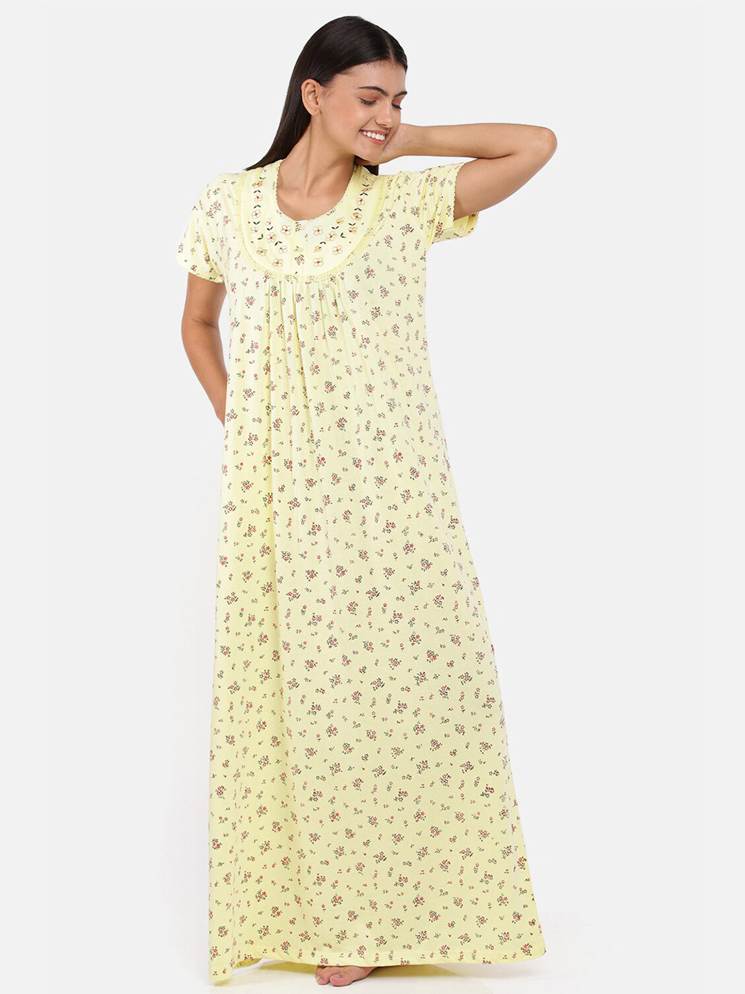 

9shines Label Women Yellow Embroidered Maxi Nightdress