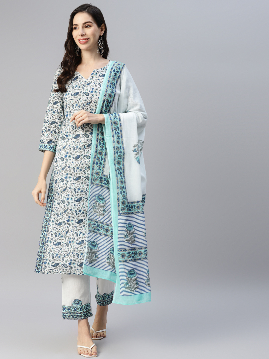 

Yuris Women Blue Pure Cotton Ethnic Motifs Printed Kurta with Trousers & With Dupatta