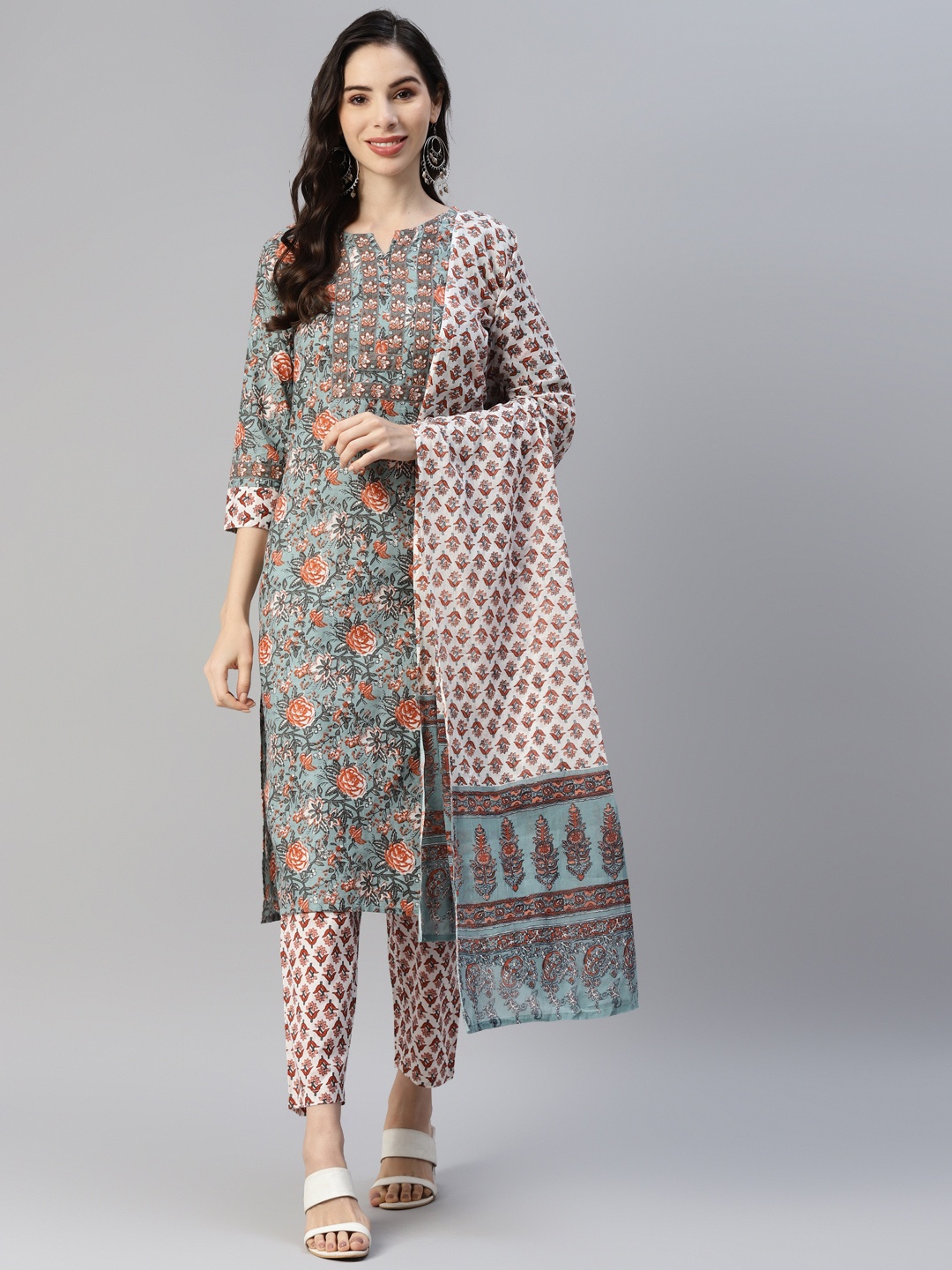 

Yuris Women Green Pure Cotton Floral Printed Kurta with Trousers & With Dupatta