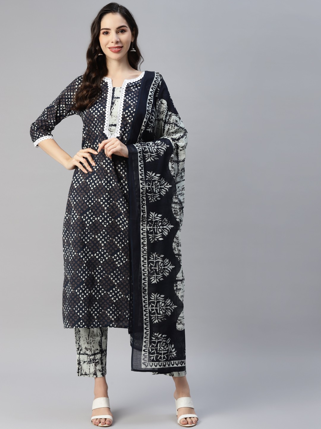 

Yuris Women Navy Blue Pure Cotton Printed Kurta with Trousers & With Dupatta