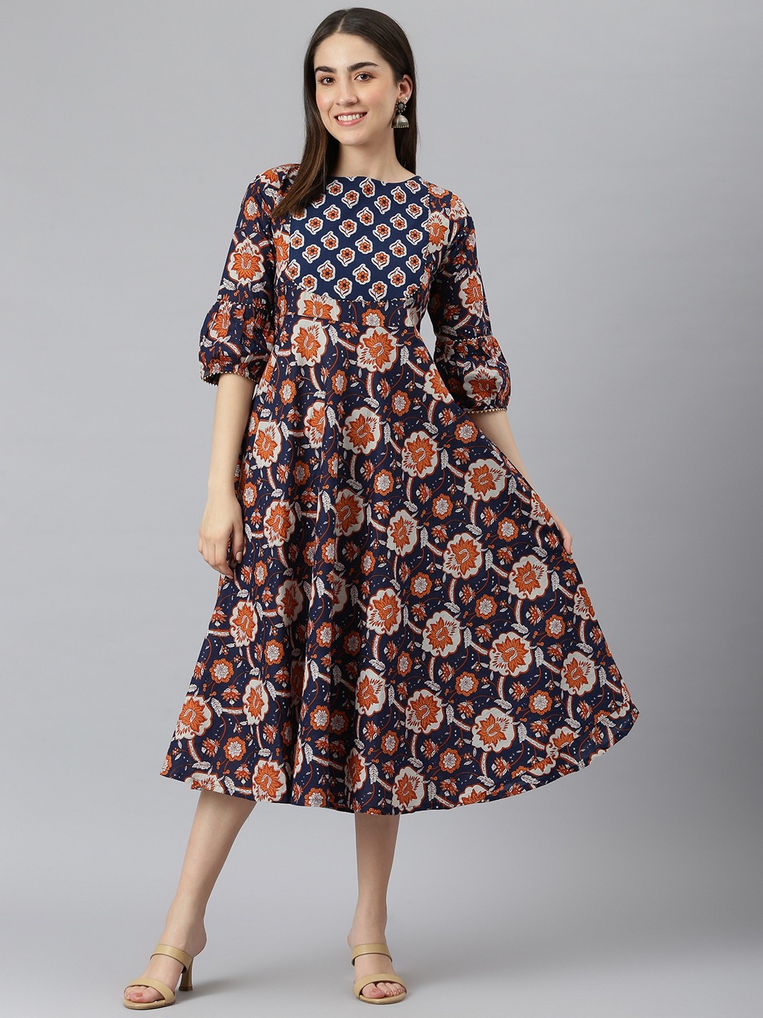 

Yuris Navy Blue & Rust Orange Ethnic Motifs Cotton Ethnic Midi Dress
