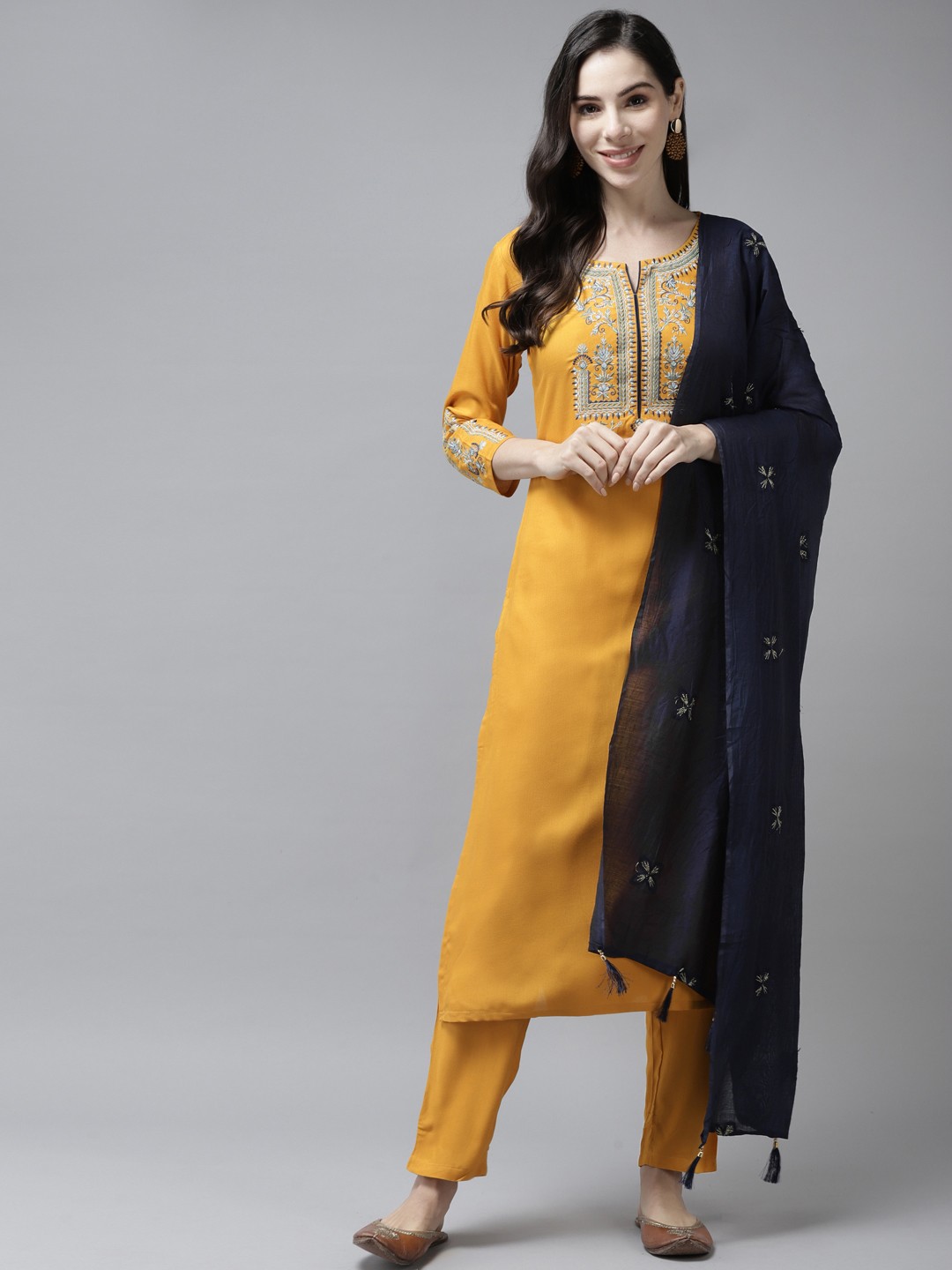 

Yufta Women Yellow Yoke Design Thread Work Kurta with Trousers & With Dupatta