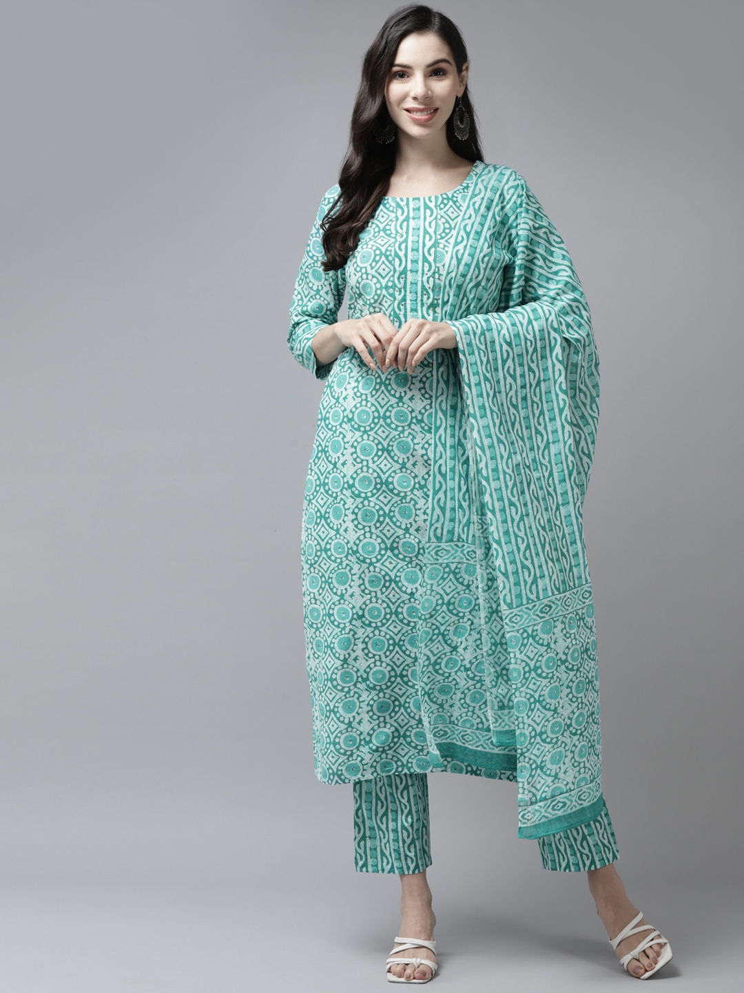 

Yufta Women Sea Green Pure Cotton Printed Sequinned Kurta with Palazzos & Dupatta