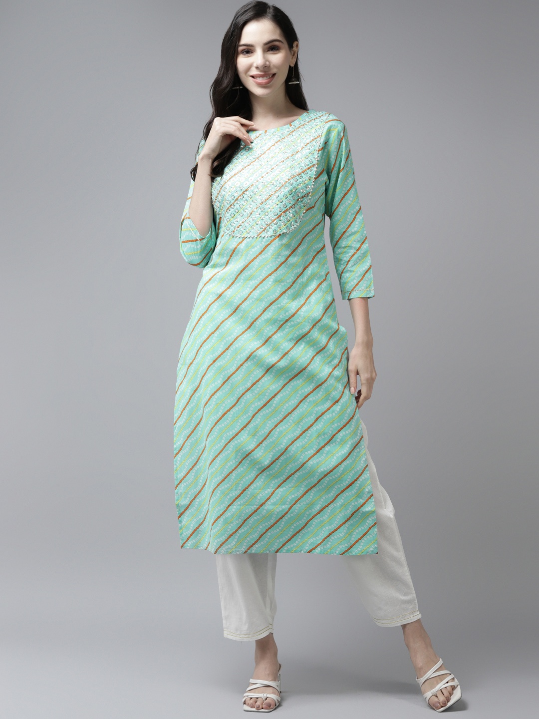 

Yufta Women Sea Green Pure Cotton Bandhani Printed Sequinned Kurta with Palazzos