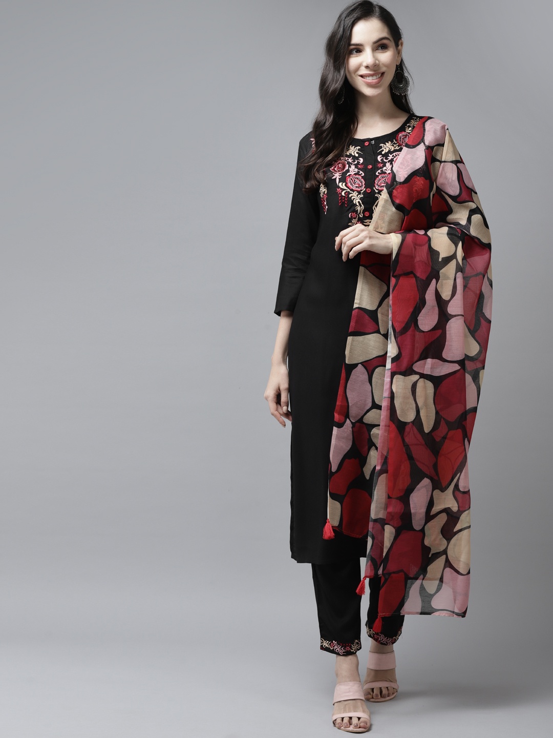 

Yufta Women Black Ethnic Motifs Embroidered Thread Work Kurta with Trousers & With Dupatta