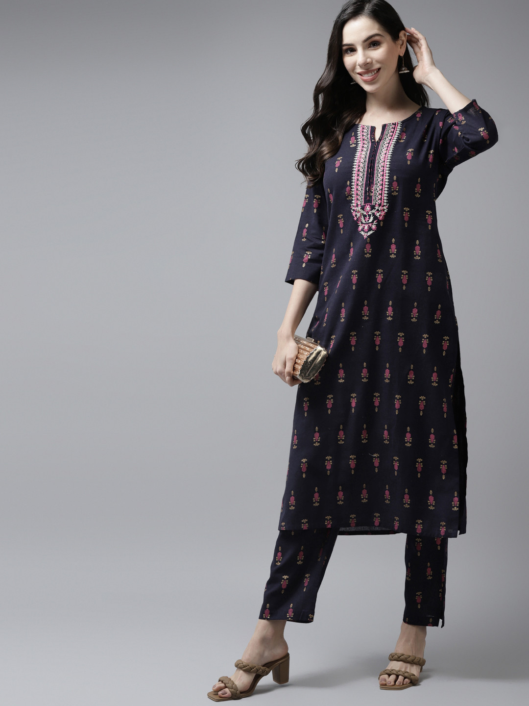 

Yufta Women Navy Blue Ethnic Motifs Printed Thread Work Kurta with Trousers