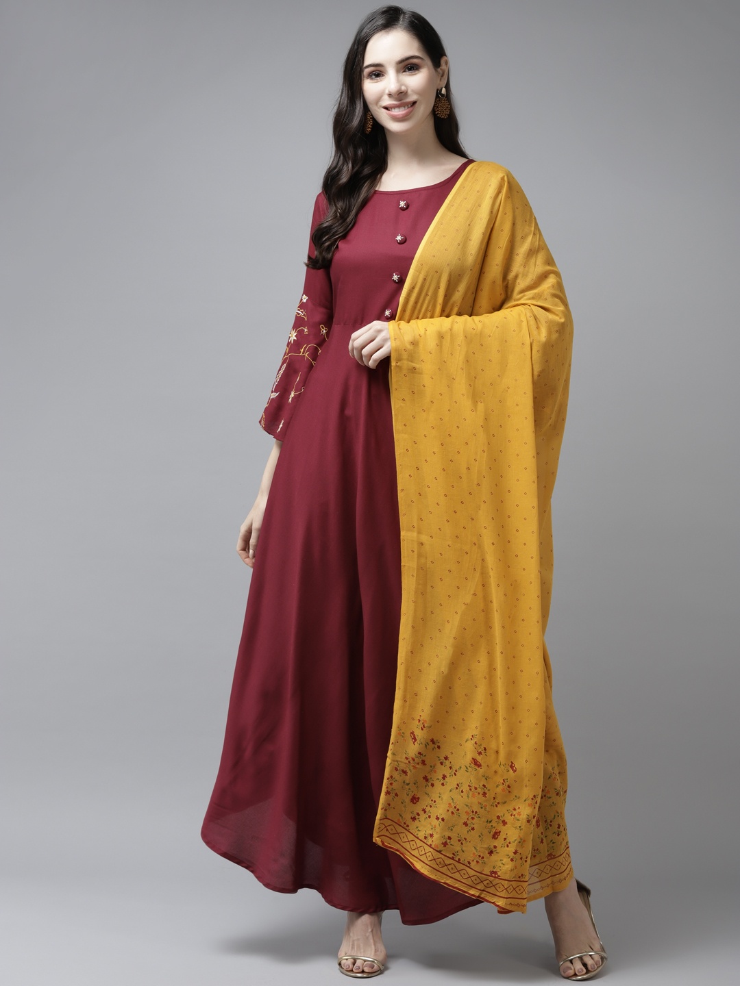 

Yufta Maroon & Mustard Yellow Floral Embroidered Detail Fit & Flare Maxi Dress & Dupatta