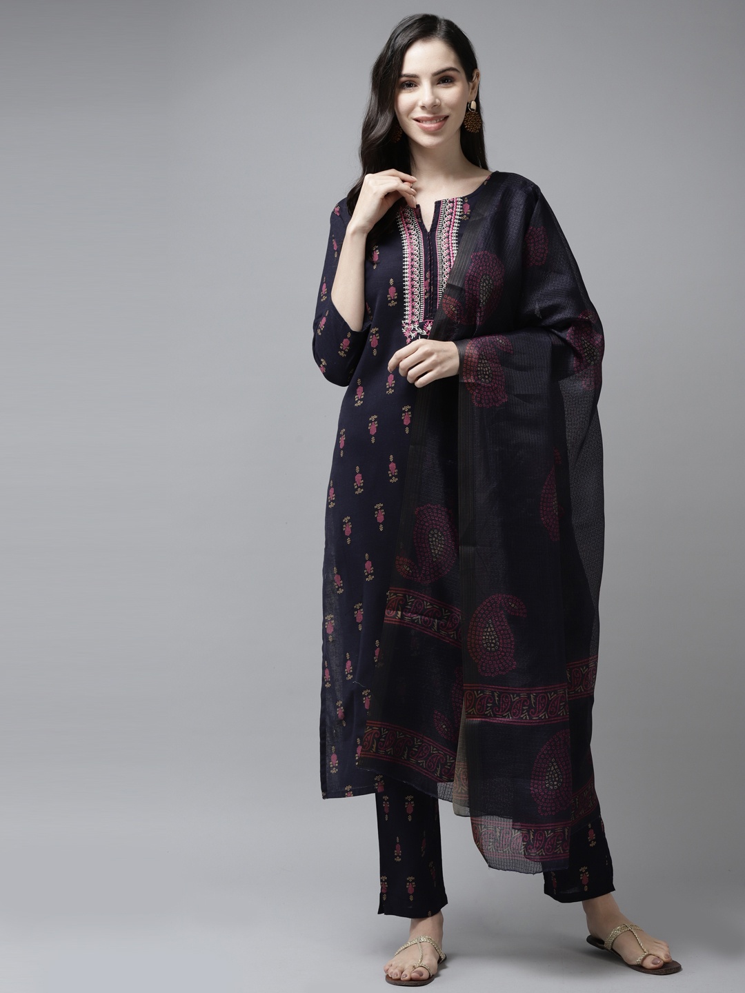 

Yufta Women Navy Blue Ethnic Motifs Printed Thread Work Kurta with Trousers & With Dupatta