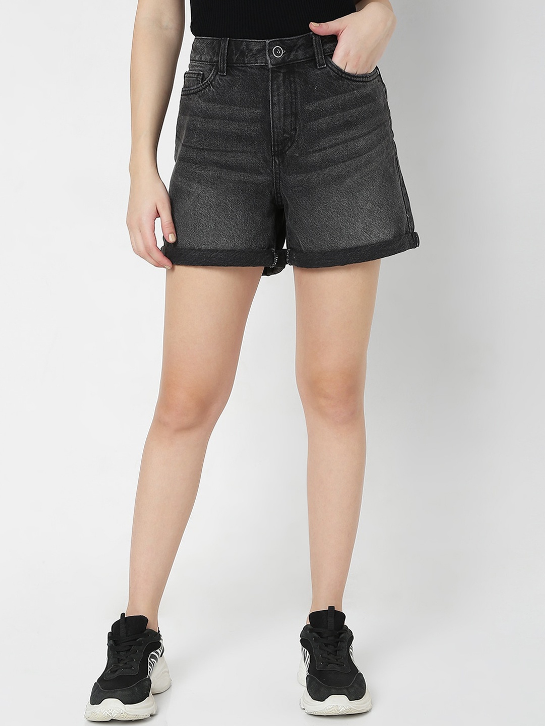 

Vero Moda Women Grey Washed High-Rise Denim Shorts