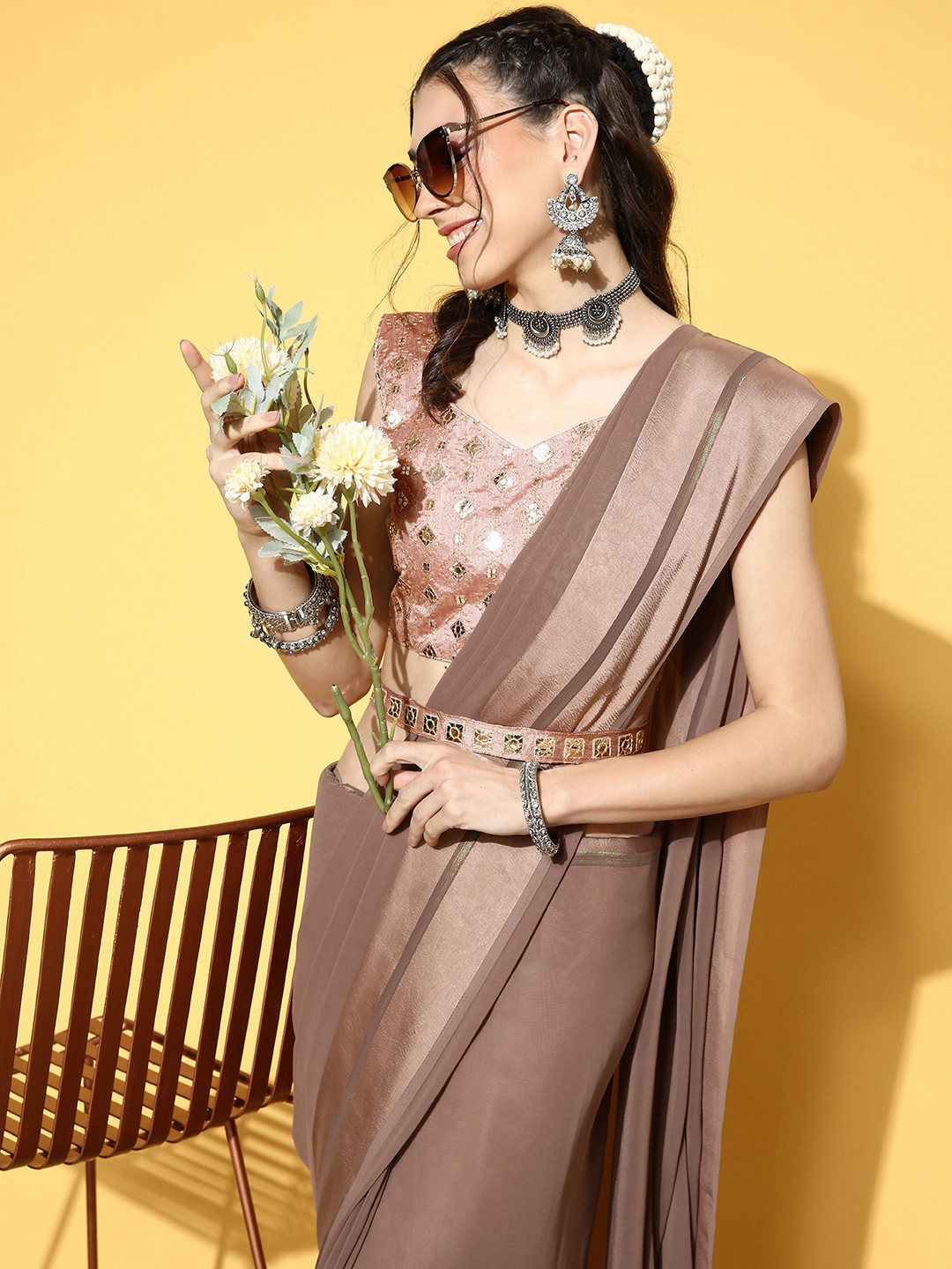 

Mitera Solid Saree with Zari border, Coffee brown