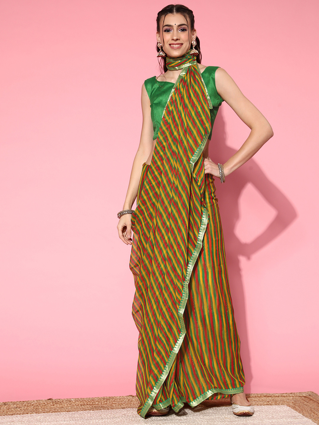 

Mitera Olive Green & Pink Leheriya Zari Leheriya Saree