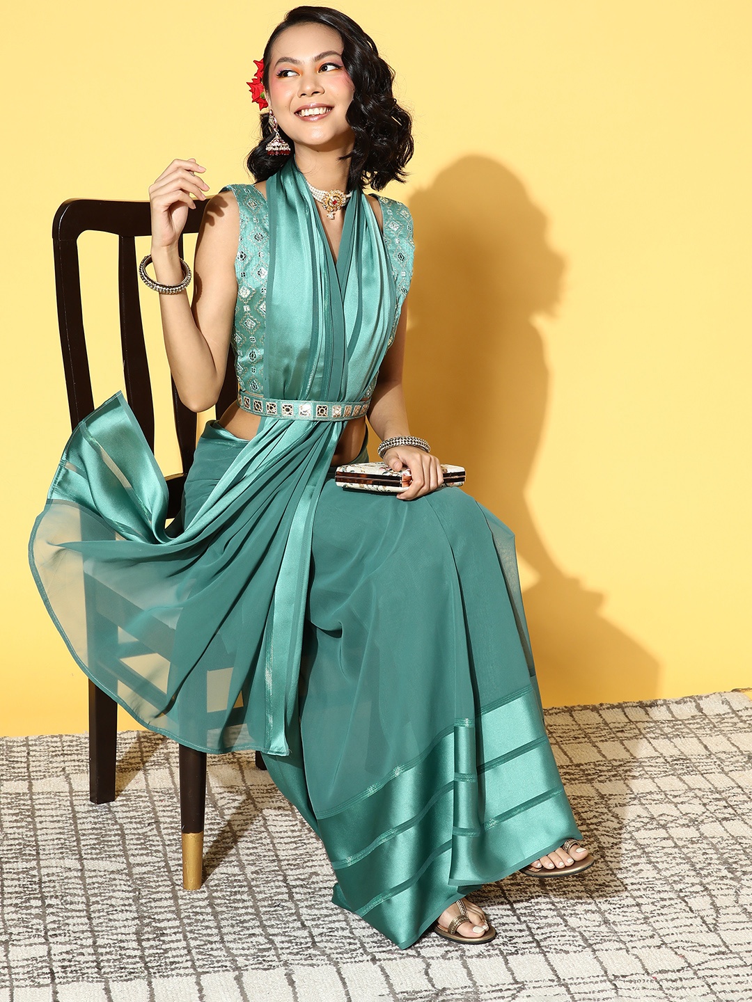 

Mitera Solid Saree with Zari border, Teal