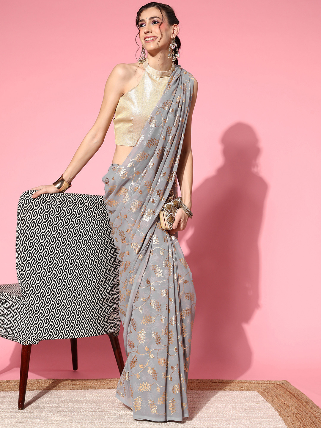 

Mitera Grey & Golden Floral Saree