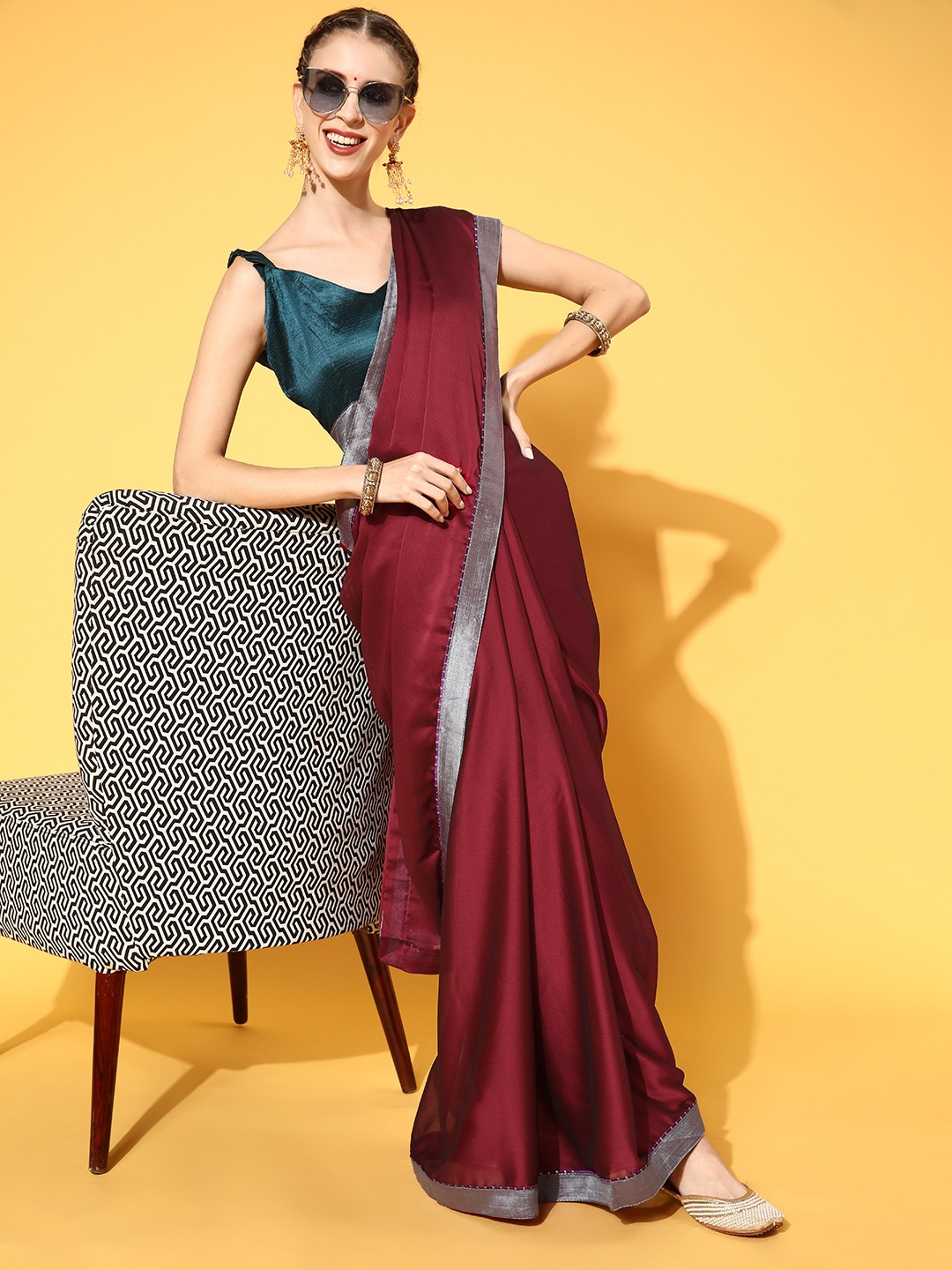 

Mitera Solid Saree with Embellished Border, Maroon
