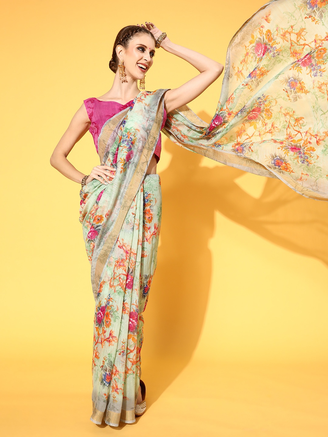

Mitera Floral Saree with Woven Design Border, Green