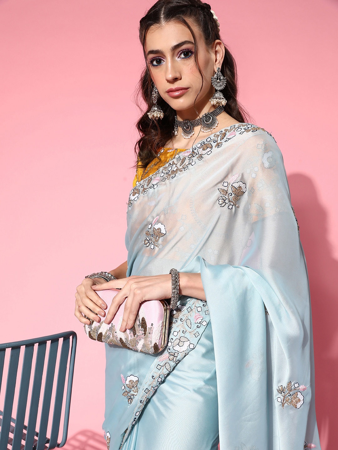 

Mitera Solid Saree with Embellished border, Blue
