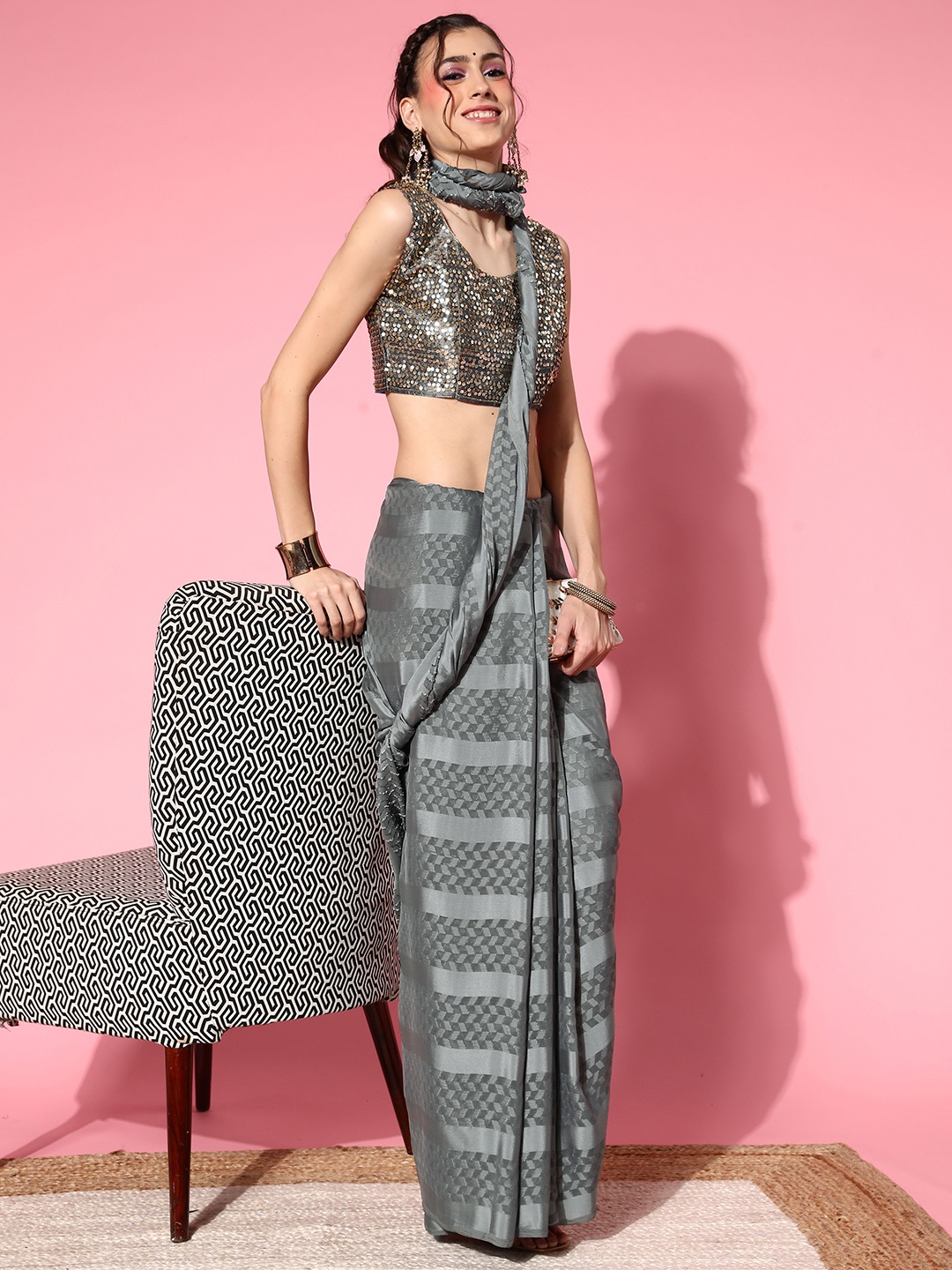 

Mitera Grey Geometric Poly Georgette Saree