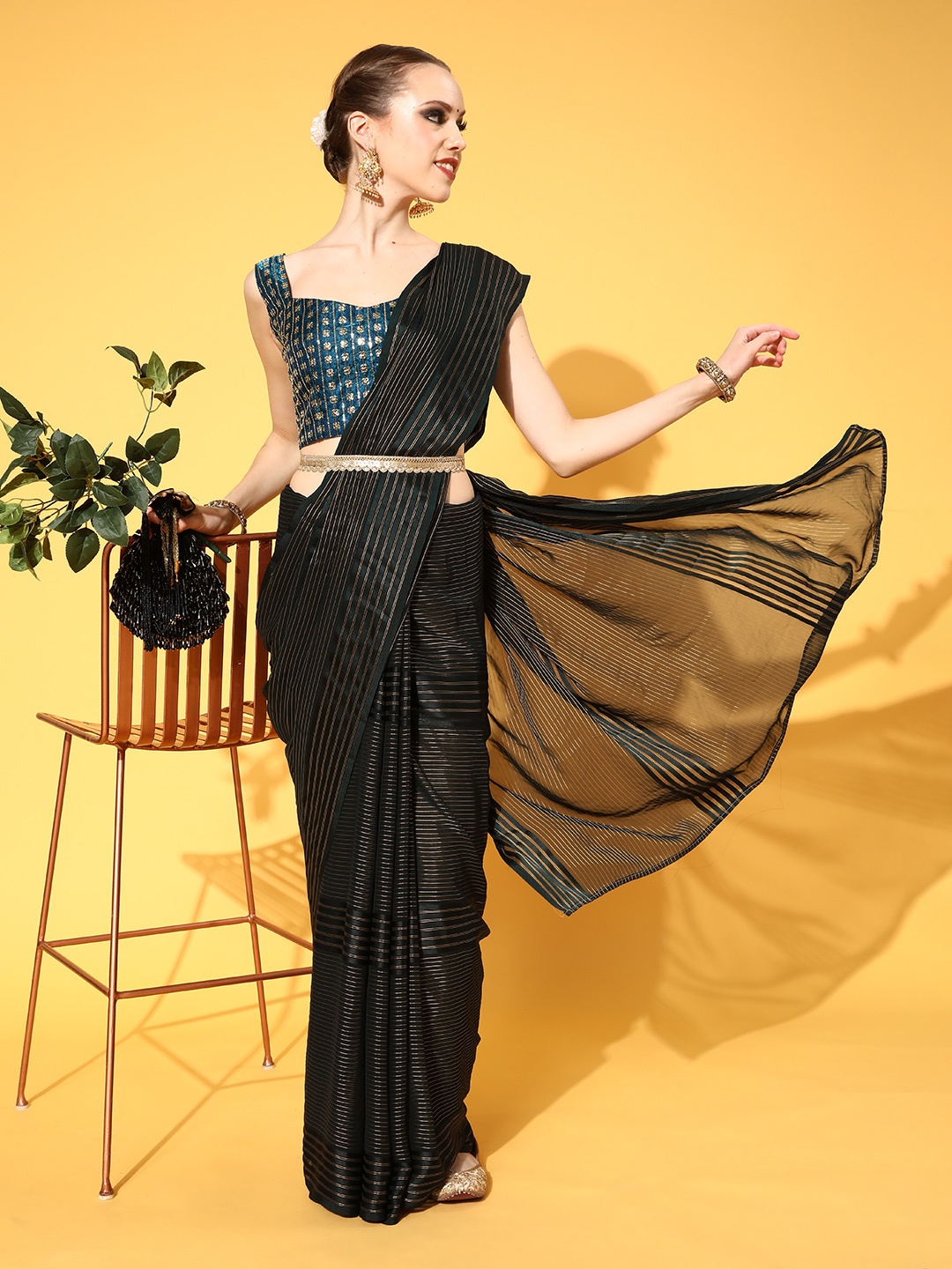 

Mitera Striped Saree with Embroidered Border, Black