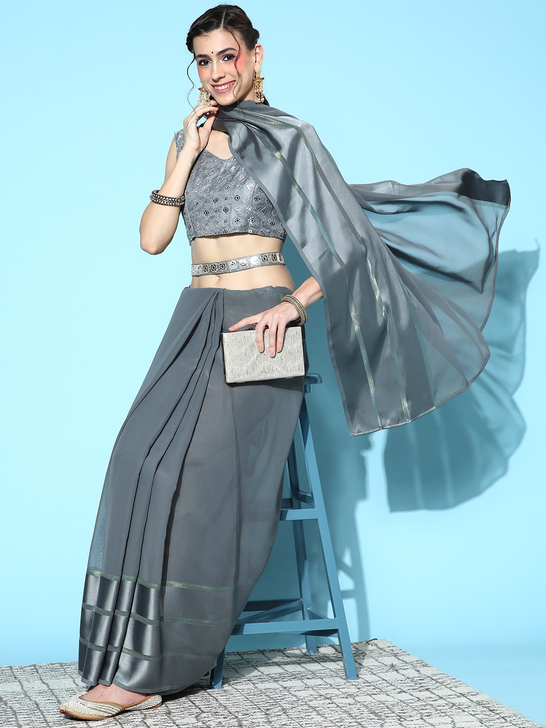 

Mitera Grey Solid Saree with Belt