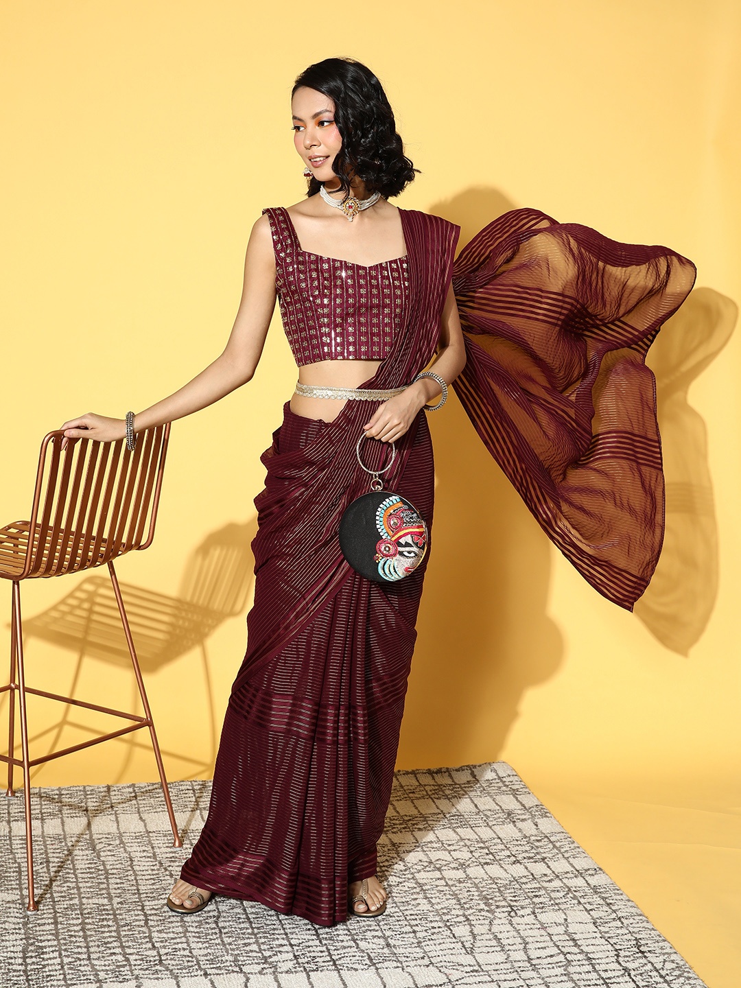 

Mitera Striped Saree with Embroidered border, Burgundy