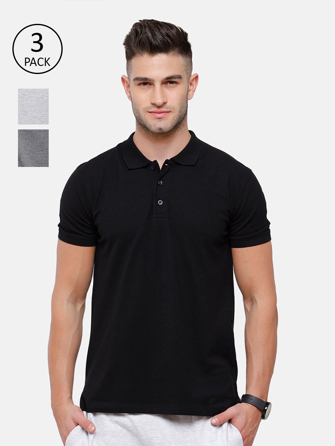 

MADSTO Men Black & Grey Pack Of 3 Polo Collar Slim Fit T-shirt