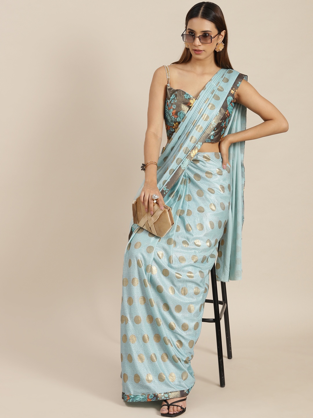 

Grancy Turquoise Blue & Golden Polka Dots Poly Georgette Ready to Wear Saree