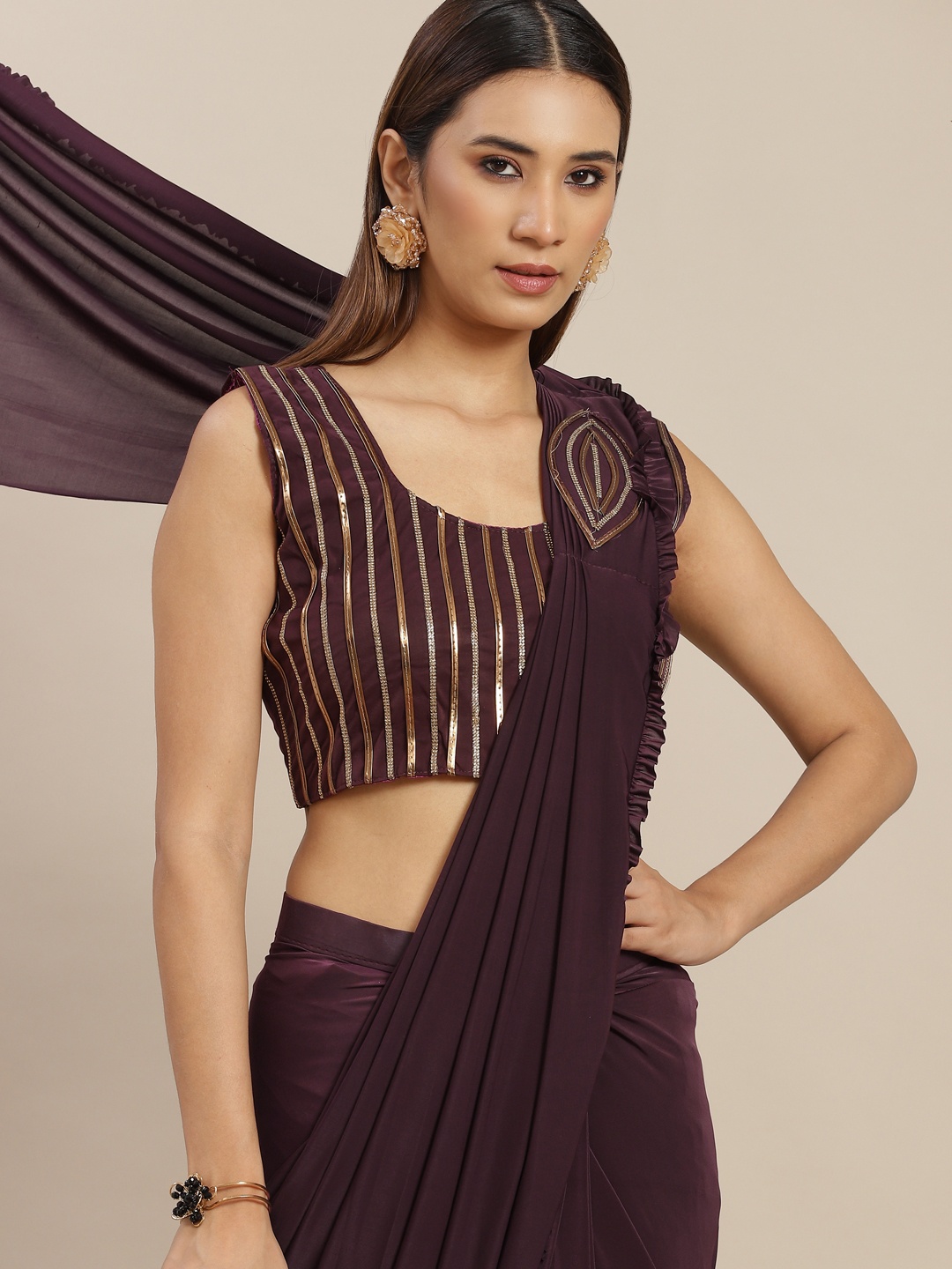 

Grancy Burgundy Poly Georgette Ready to Wear Saree