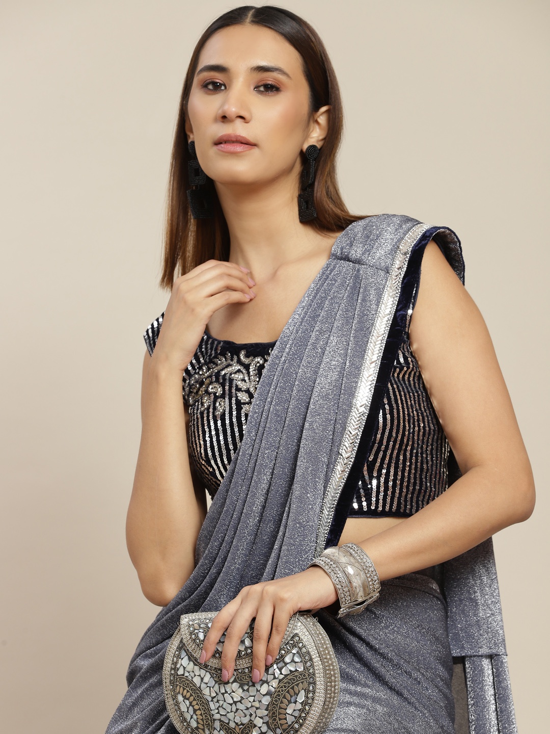 

Grancy Grey Sequinned Ready to Wear Saree