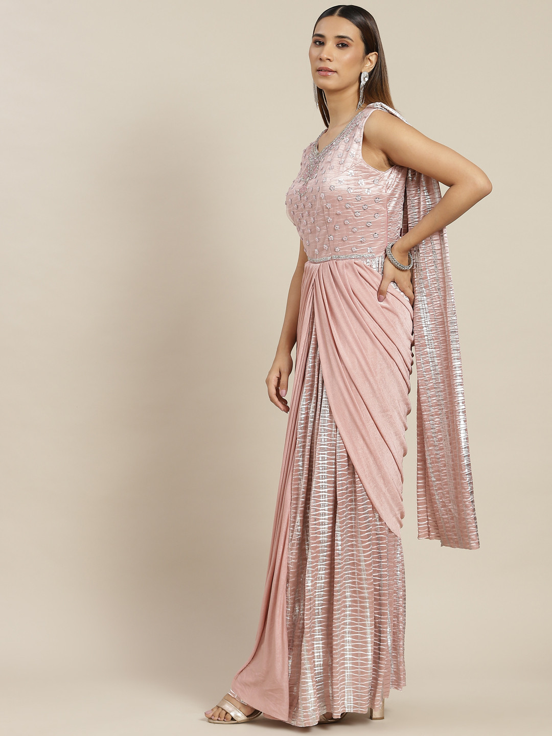 

Grancy Pink Striped Beads and Stones Ready to Wear Saree