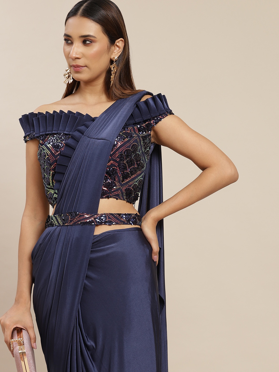 

Grancy Navy Blue Poly Georgette Ready to Wear Saree