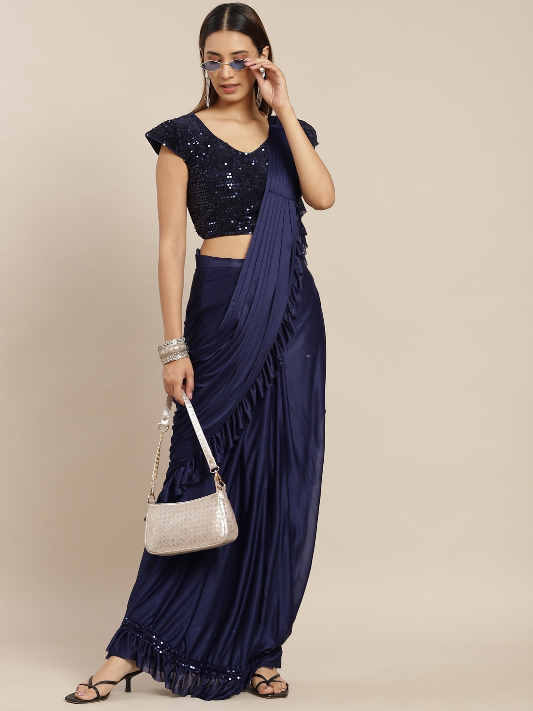 

Grancy Navy Blue Poly Georgette Ready to Wear Saree
