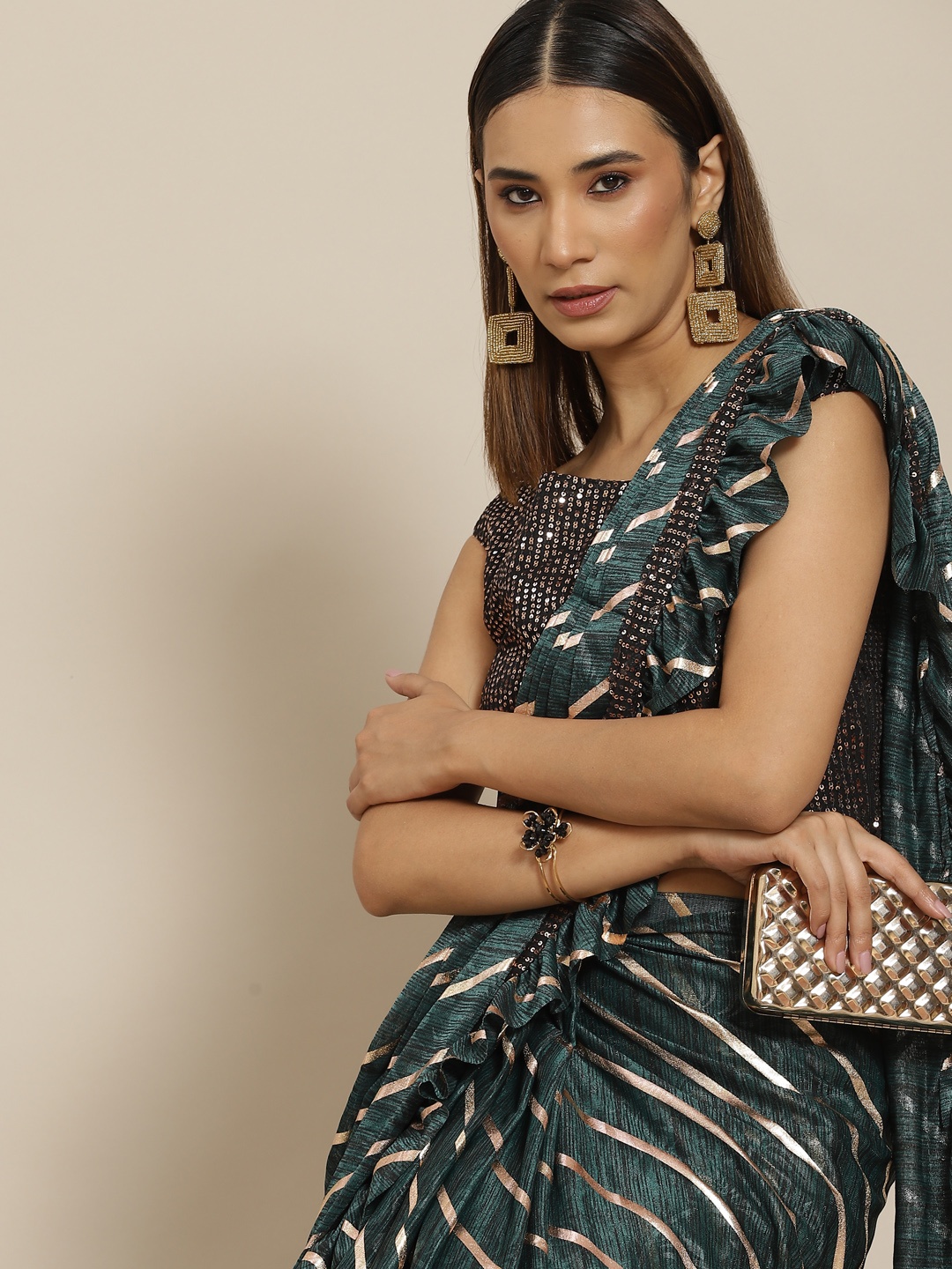 

Grancy Green & Golden Embellished Ready to Wear Saree
