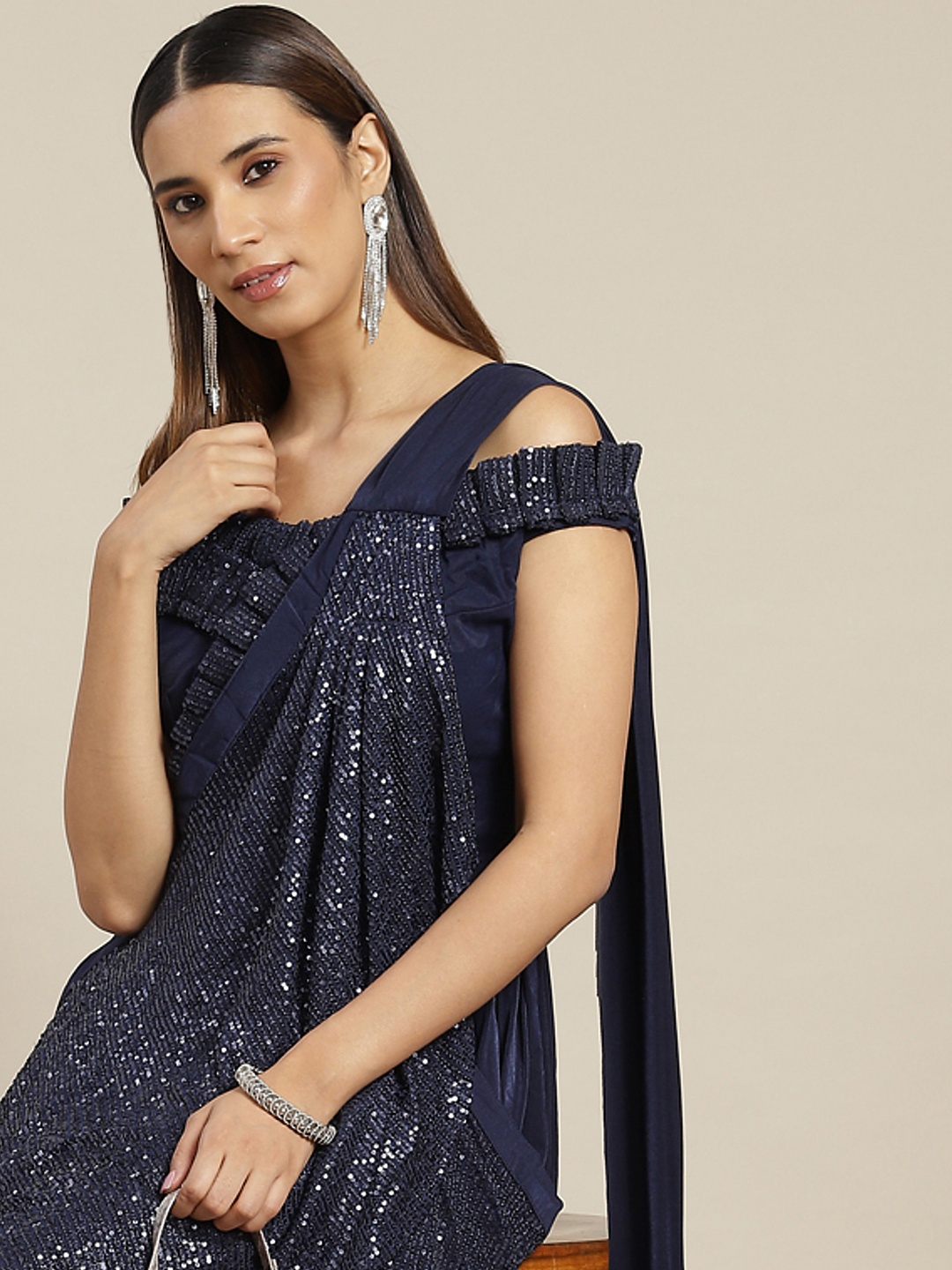 

Grancy Navy Blue Sequinned Ready to Wear Saree