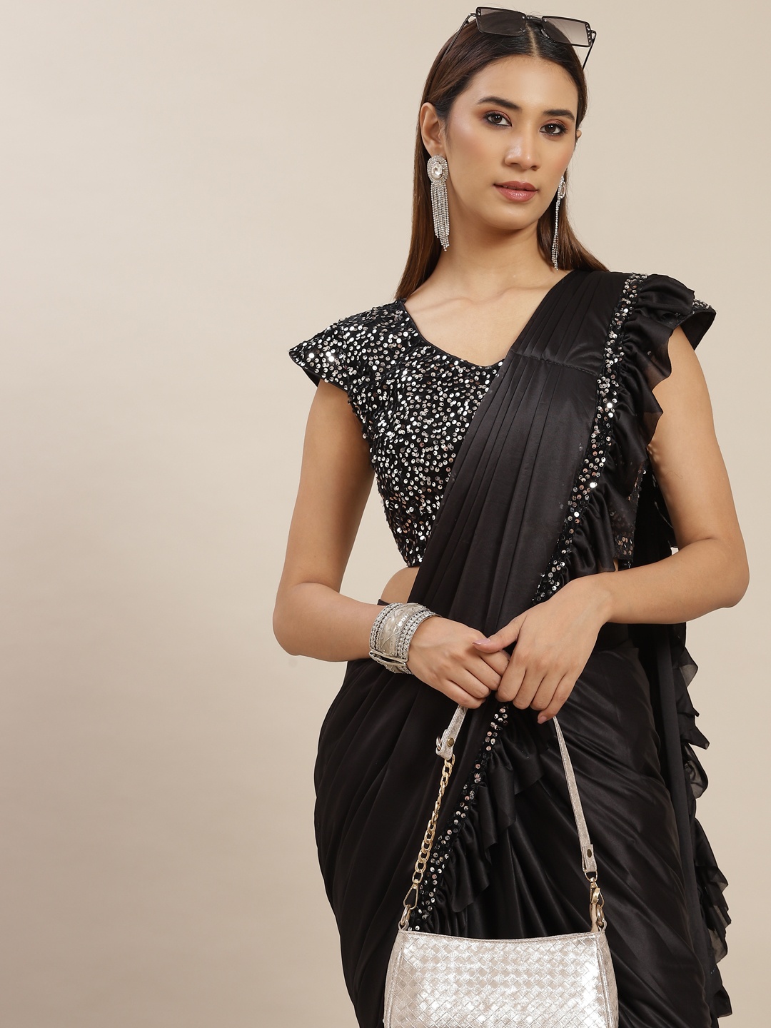 

Grancy Black Poly Georgette Ready to Wear Saree